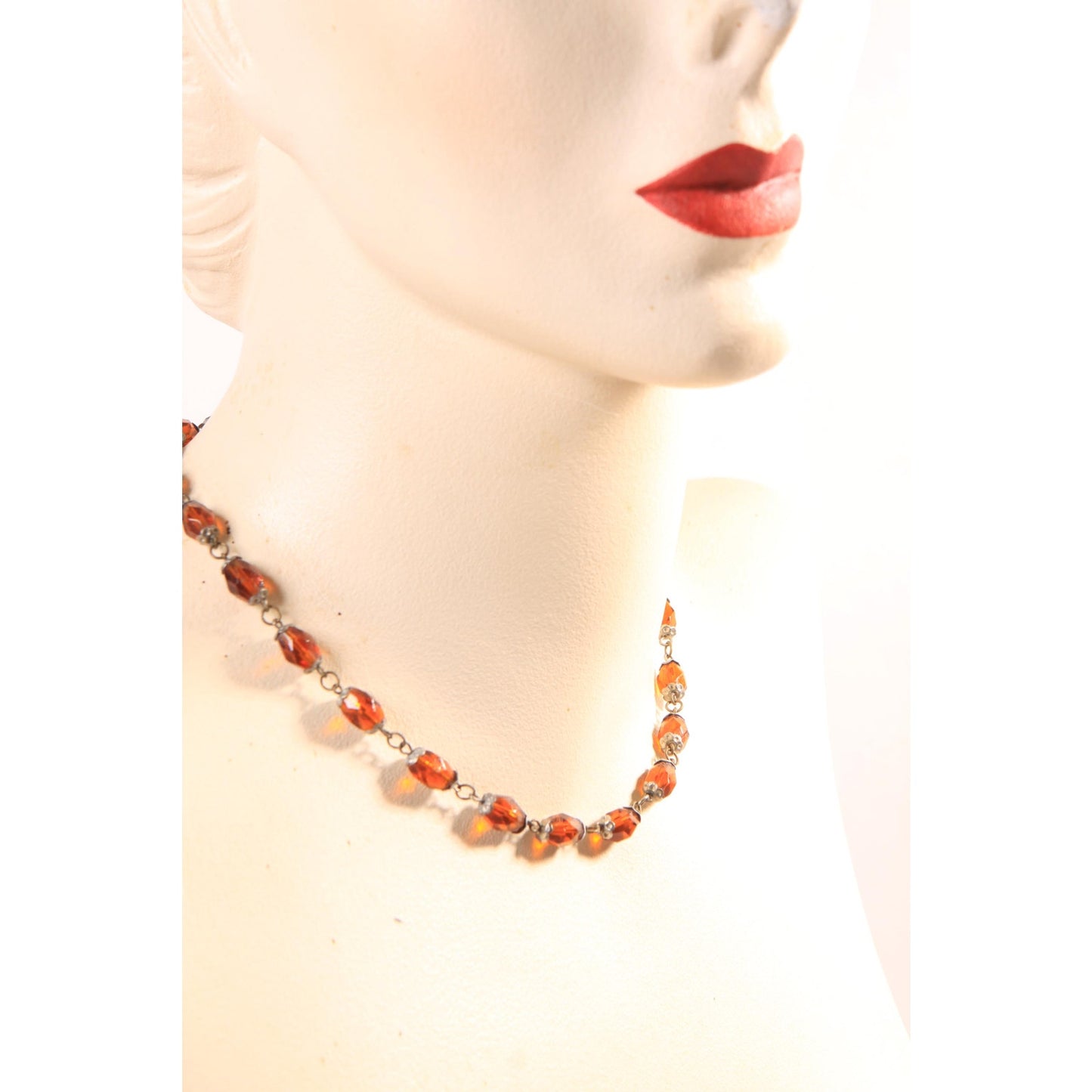 1940s 1950s Brass Tone Amber Glass Beaded Faceted Necklace
