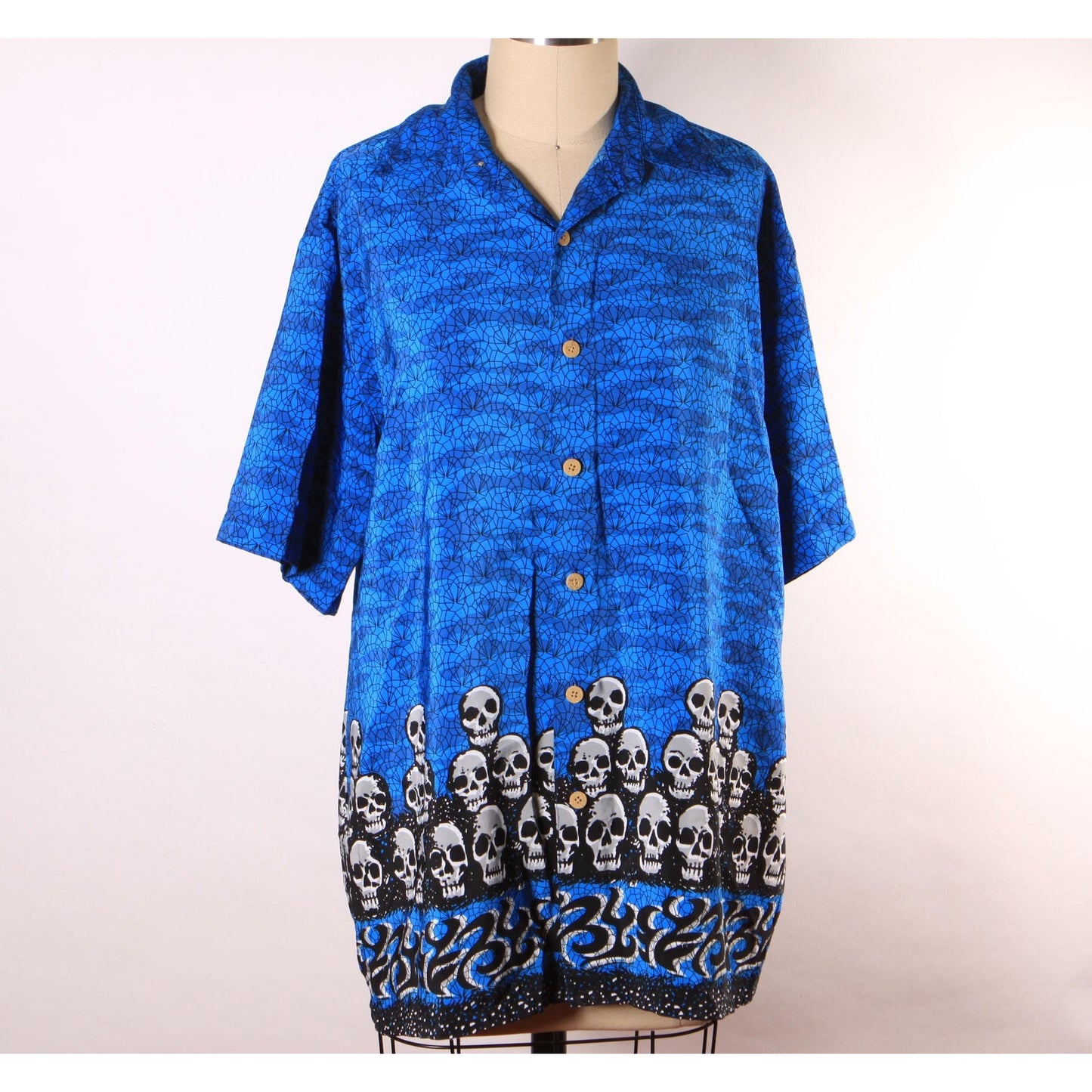 1990s Y2K Novelty Blue, Black and White Skull Border Print Button Down Mens Shirt by Extreme Gear -S