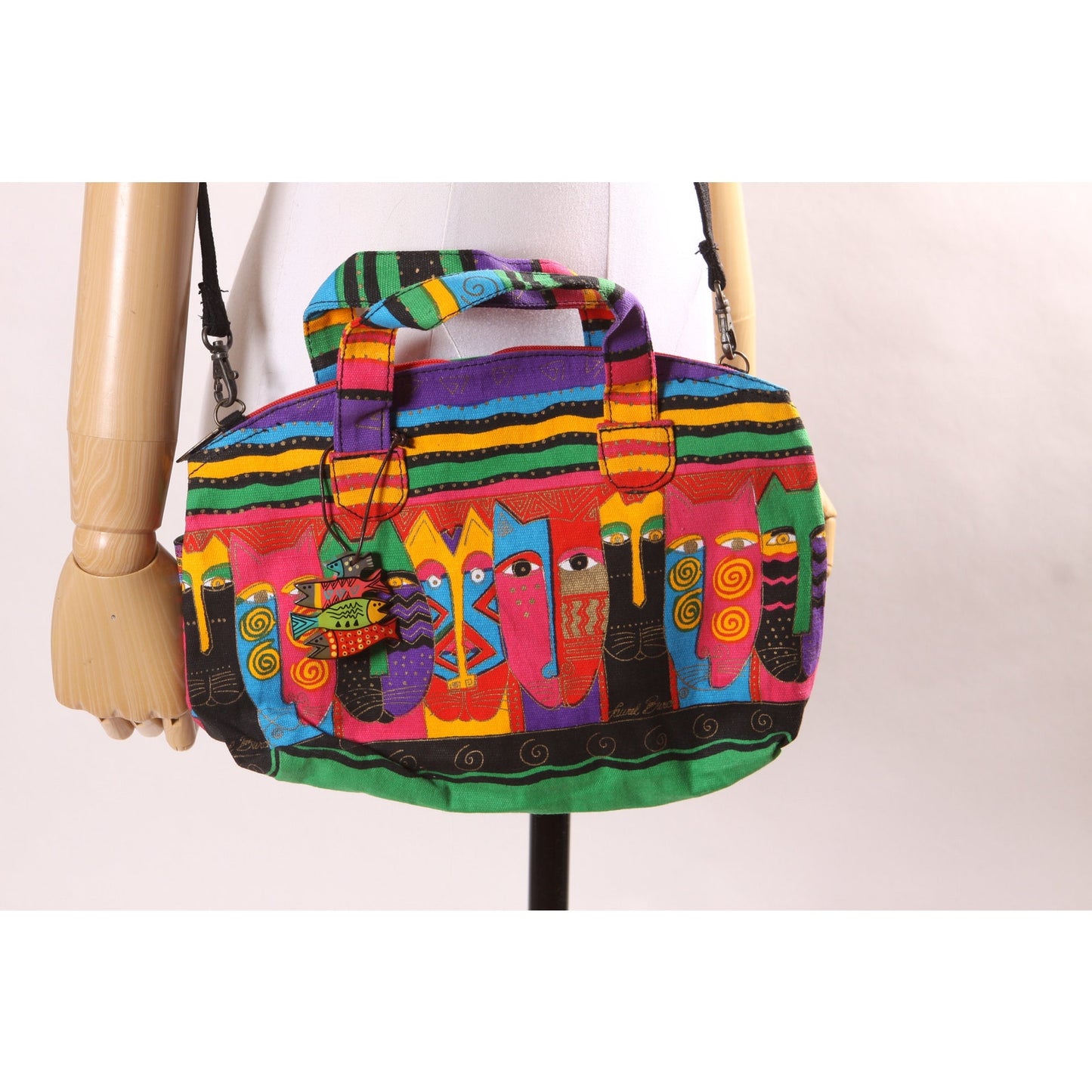 Deadstock 1980s Novelty Rainbow Multi-Colored Cat Print Top Handle Crossbody Shoulder Strap Purse by Laurel Burch
