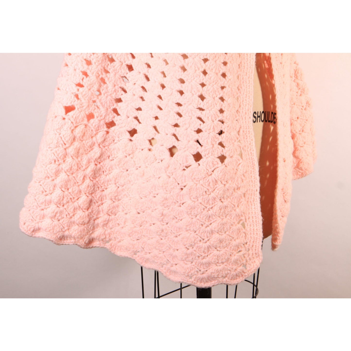 Late 1960s Early 1970s Pastel Pink Crochet Shawl Wrap