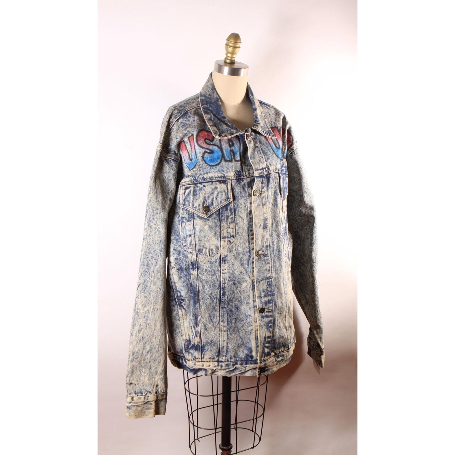 1980s Blue Denim Acid Wash Oversized Airbrush America Bald Eagle USA American Flag Jacket Coat by First Concept -L