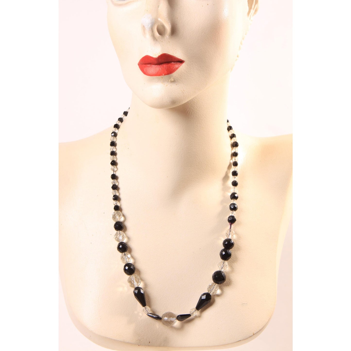 1950s Black and Clear Glass Faceted Beaded Necklace