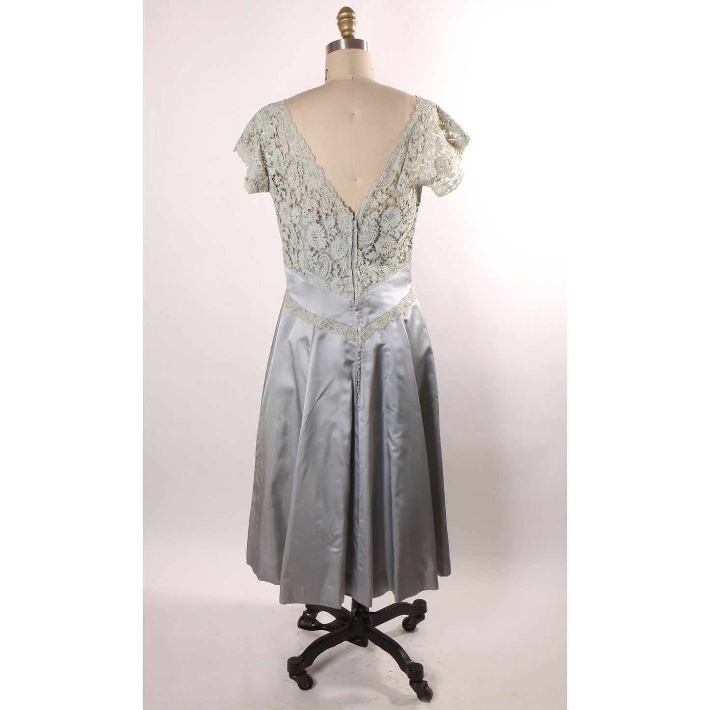 Early 1950s Pale Ice Blue Short Sleeve Sheer Lace Overlay Formal Dress by Montaldo’s -L