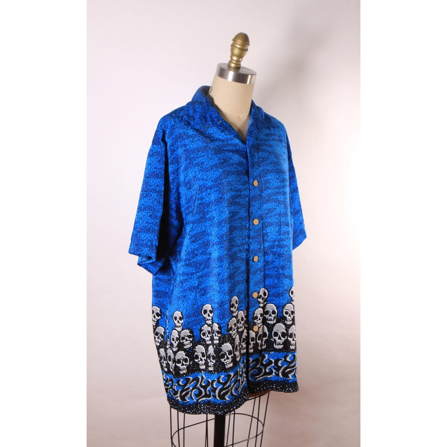 1990s Y2K Novelty Blue, Black and White Skull Border Print Button Down Mens Shirt by Extreme Gear -S