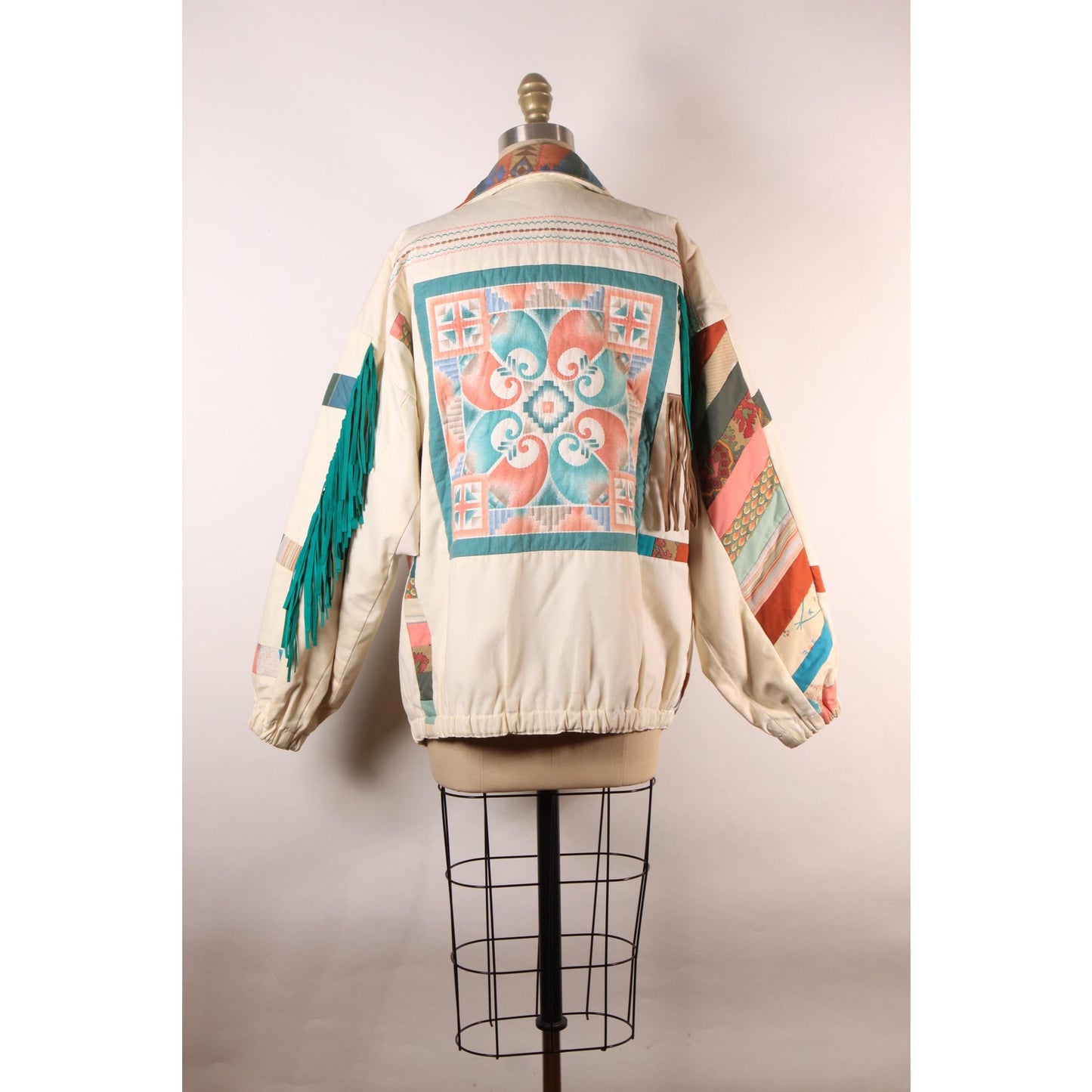 1980s Multi-Colored Cream, Teal Blue Green, Pink and Tan Patchwork Quilt Fringe Open Front Southwestern Coat -L-XL