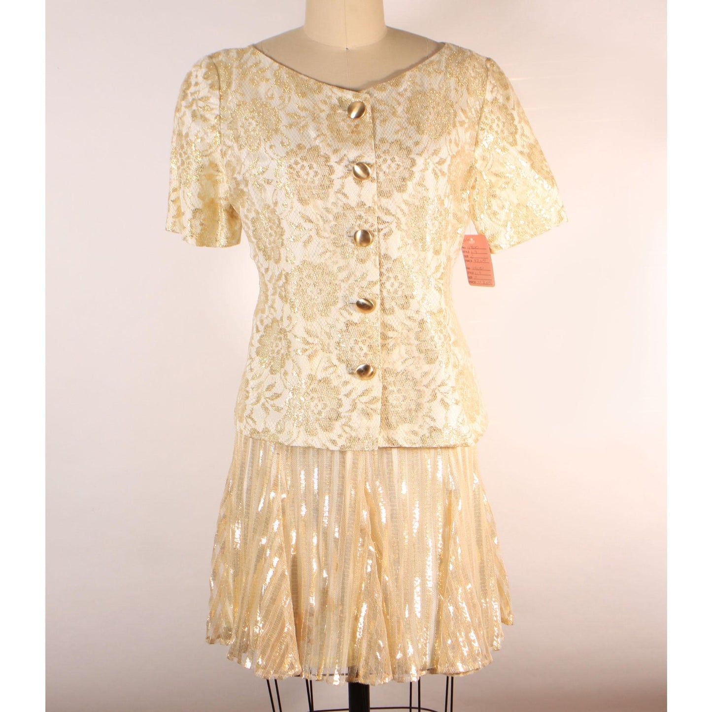 Dead Stock 1980s Gold Metallic Floral Flower Lace Button Down Blouse with Matching Striped Skirt Suit Outfit by Honeybee -XS