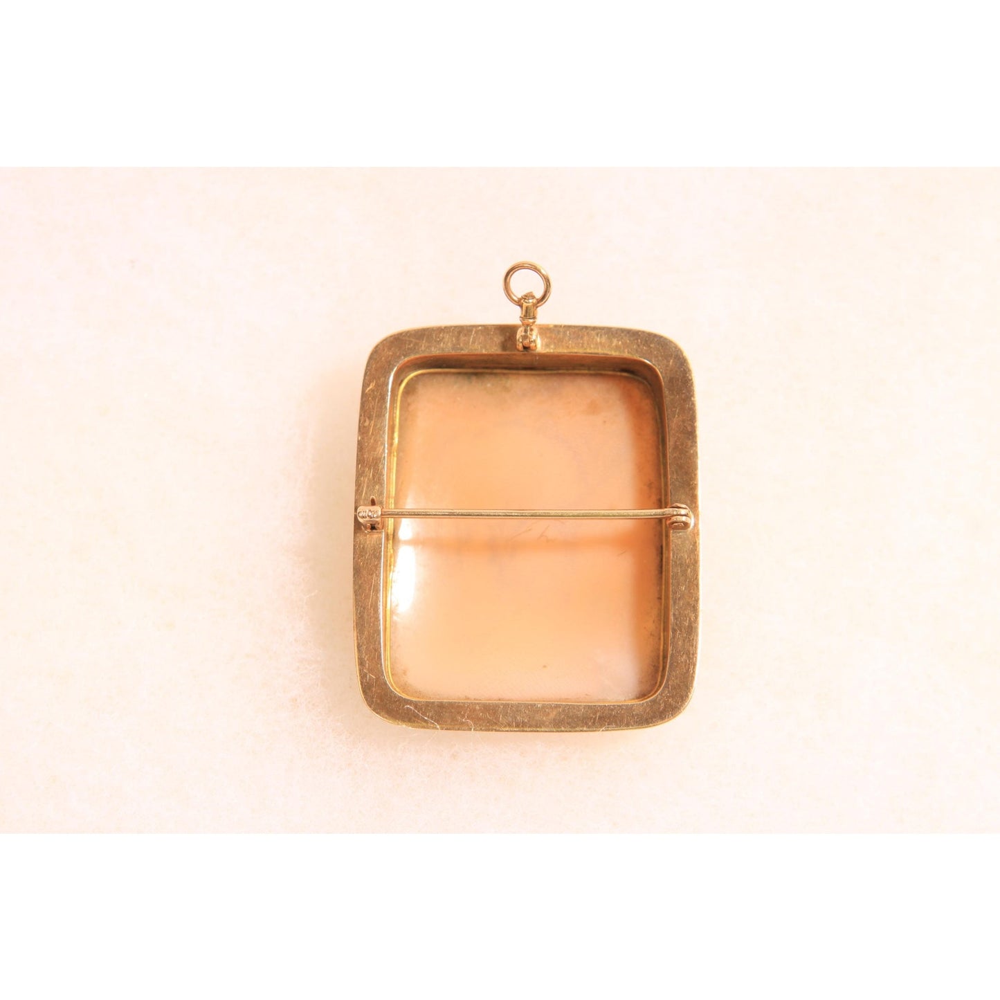 Antique 1900s 1910s 1920s Peach Pink, Cream and Gold Tone Metal Carved Shell Brooch Pendant