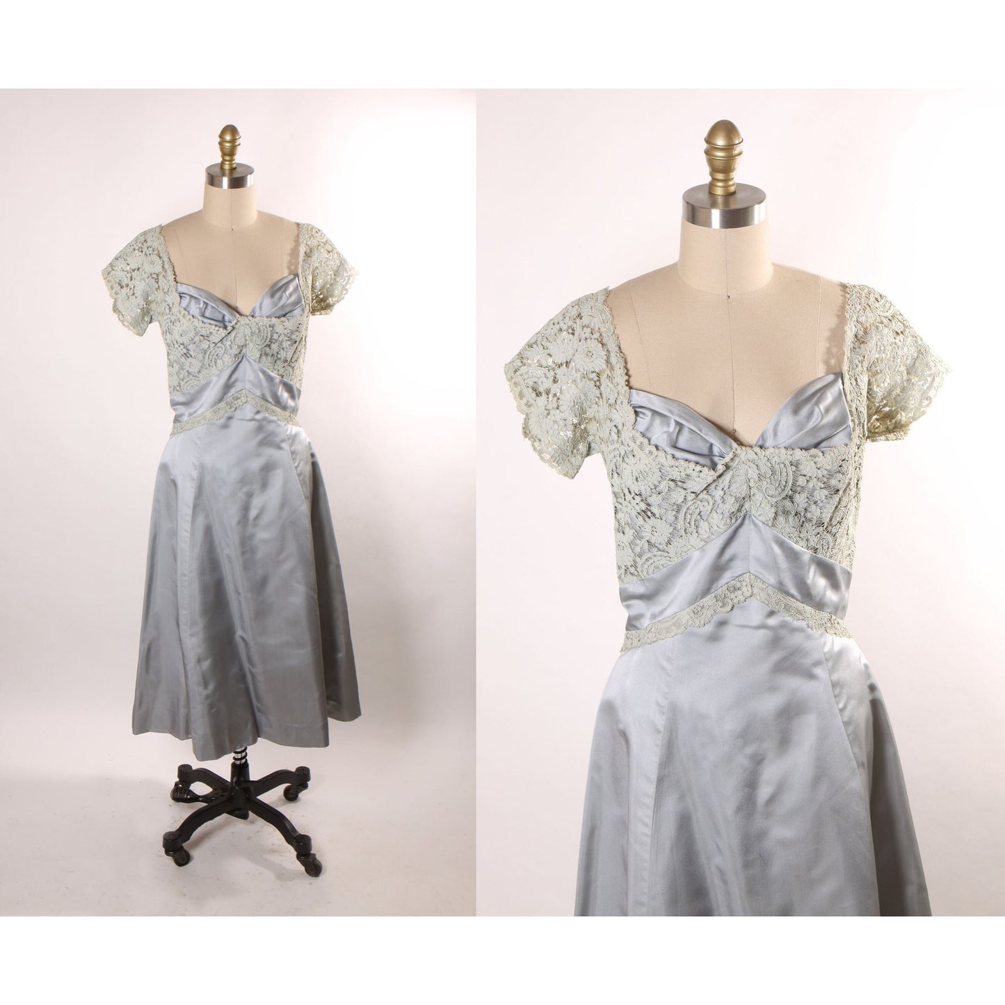 Early 1950s Pale Ice Blue Short Sleeve Sheer Lace Overlay Formal Dress by Montaldo’s -L
