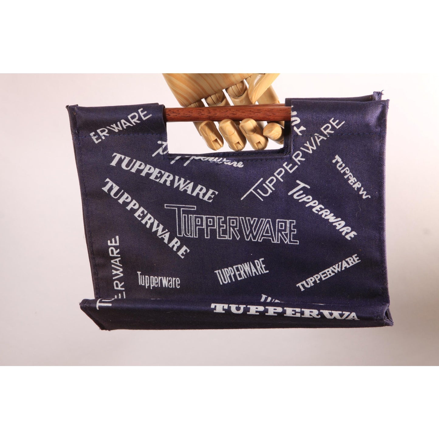 Deadstock 1970s Navy Blue and White Novelty Tupperware Advertisement Wood Top Handle Purse Bag