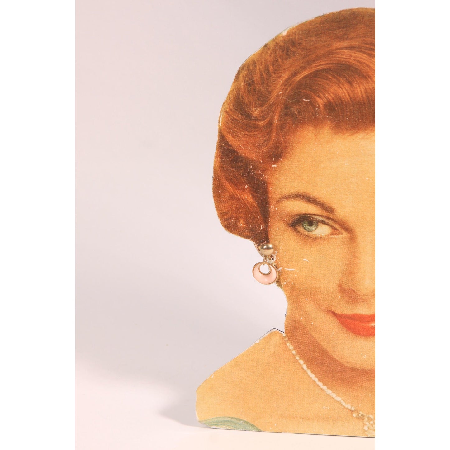 1950s Gold Tone Metal and Pink Plastic Half Moon Clip On Earrings
