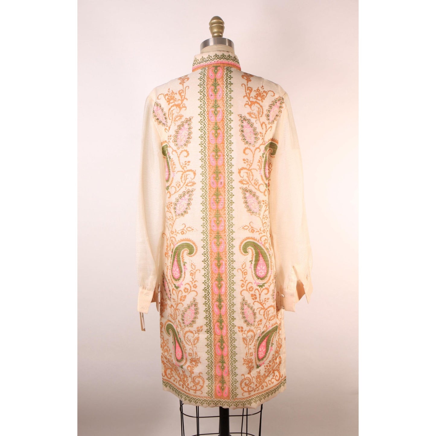 1960s Pale Beige Pink and Green Swirl Paisley Print Sheer Long Sleeve Hawaiian Dress by Alfred Shaheen -S-M