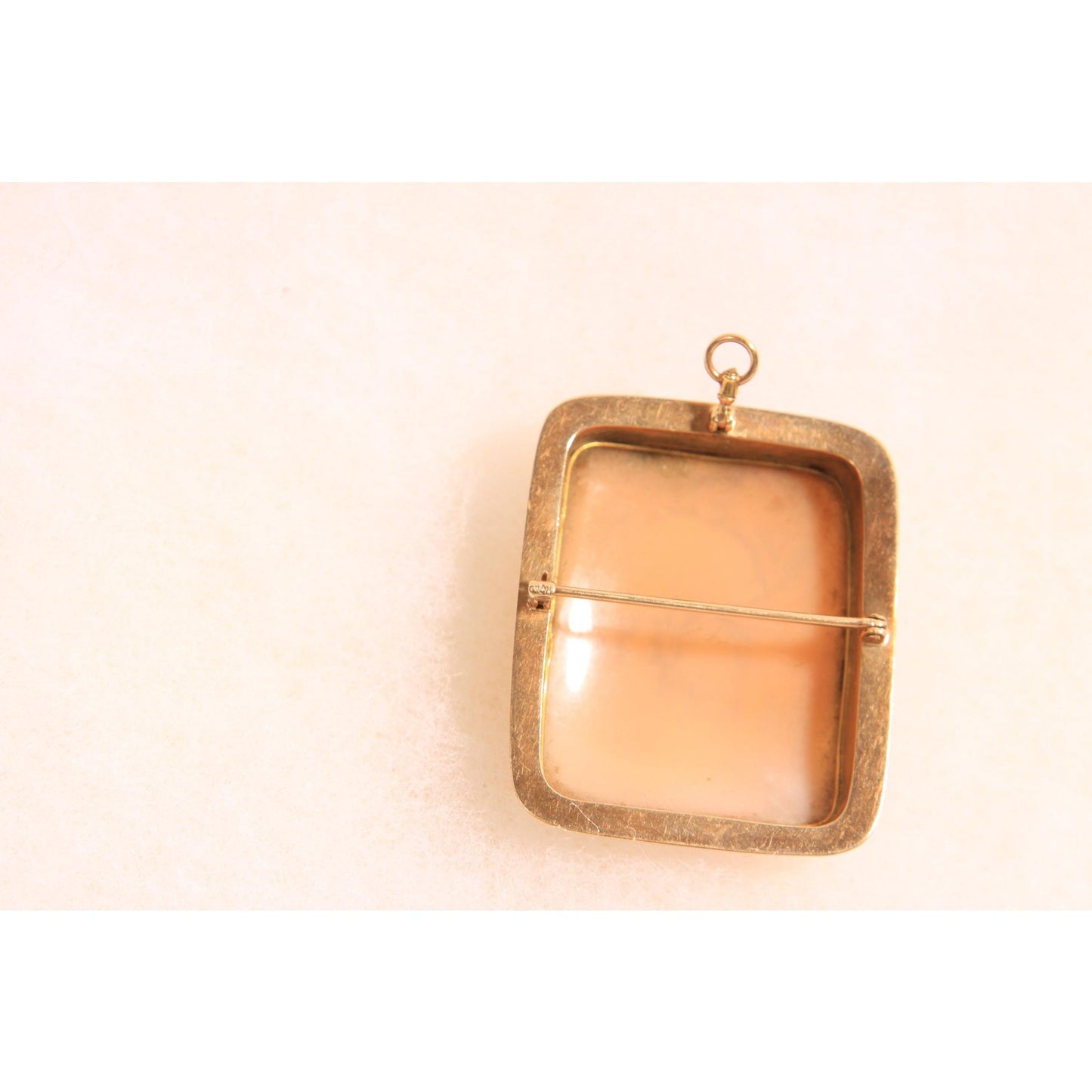 Antique 1900s 1910s 1920s Peach Pink, Cream and Gold Tone Metal Carved Shell Brooch Pendant