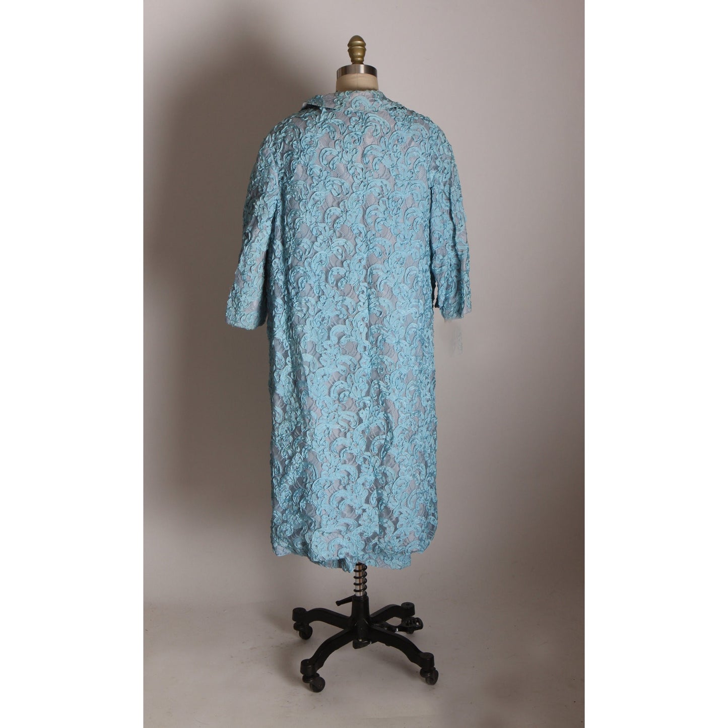 Early 1960s Blue Soutache Lace Short Sleeve Formal Blue Velvet Bow Dress with Matching 3/4 Length Sleeve Jacket -XL