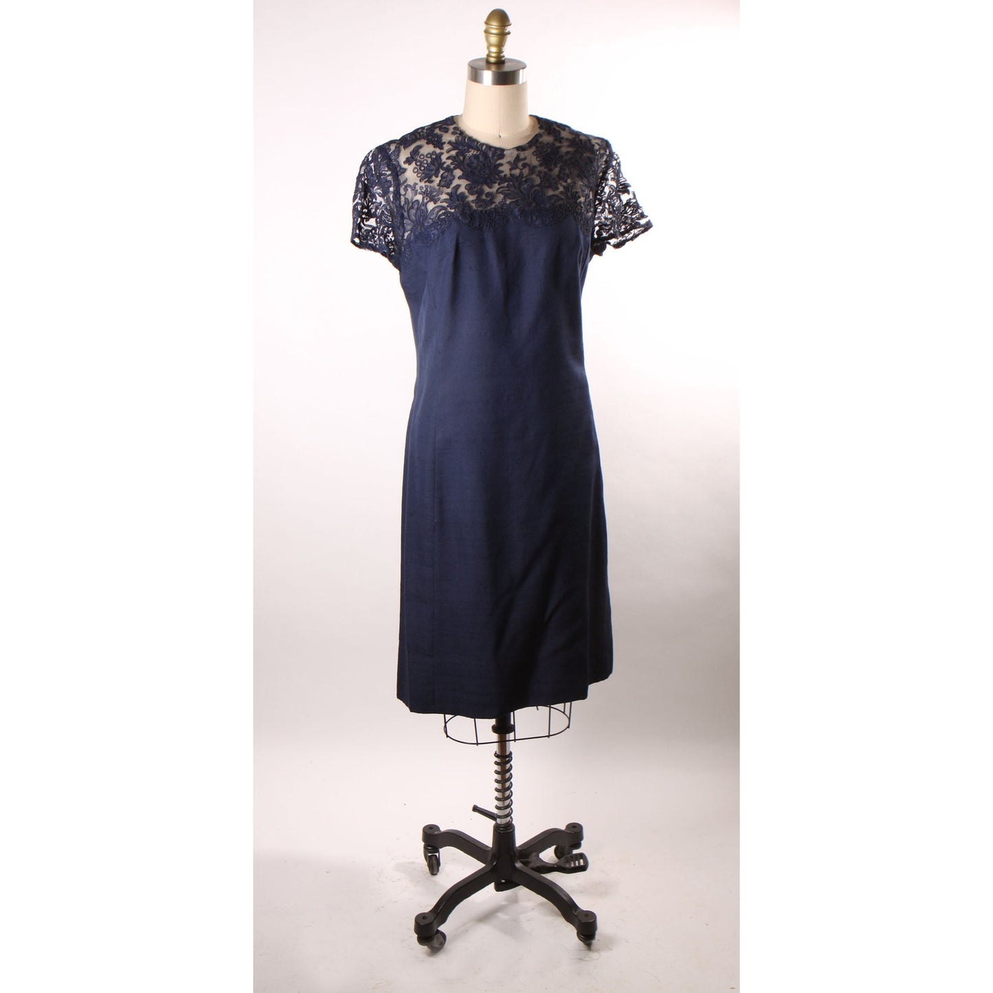 1960s Navy Blue Short Sleeve Sheer Lace Overlay Shift Dress with Matching Long Sleeve Jacket Two Piece Outfit Dress Suit -M-L