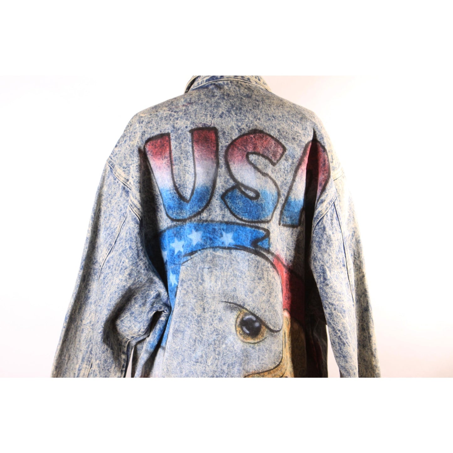 1980s Blue Denim Acid Wash Oversized Airbrush America Bald Eagle USA American Flag Jacket Coat by First Concept -L