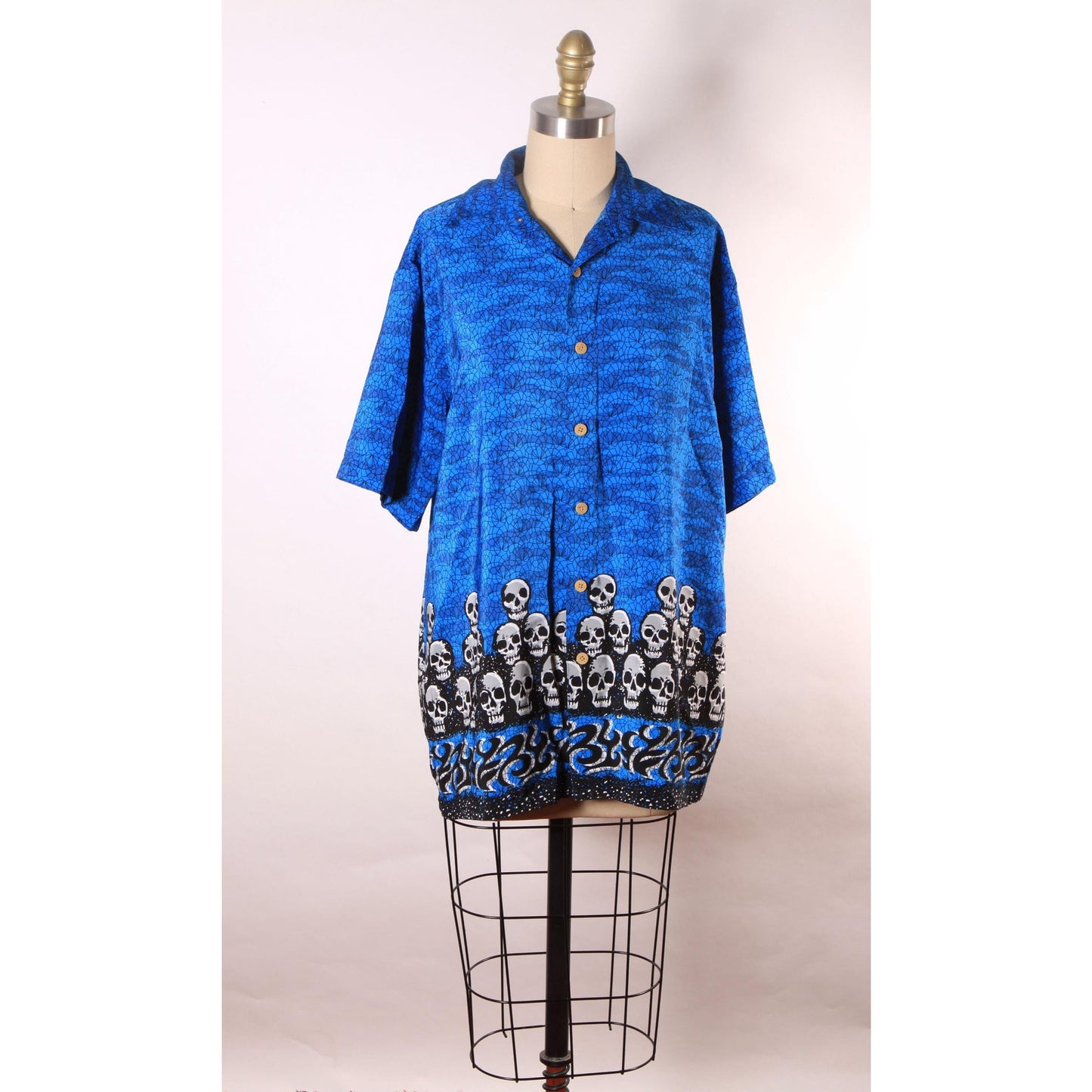 1990s Y2K Novelty Blue, Black and White Skull Border Print Button Down Mens Shirt by Extreme Gear -S