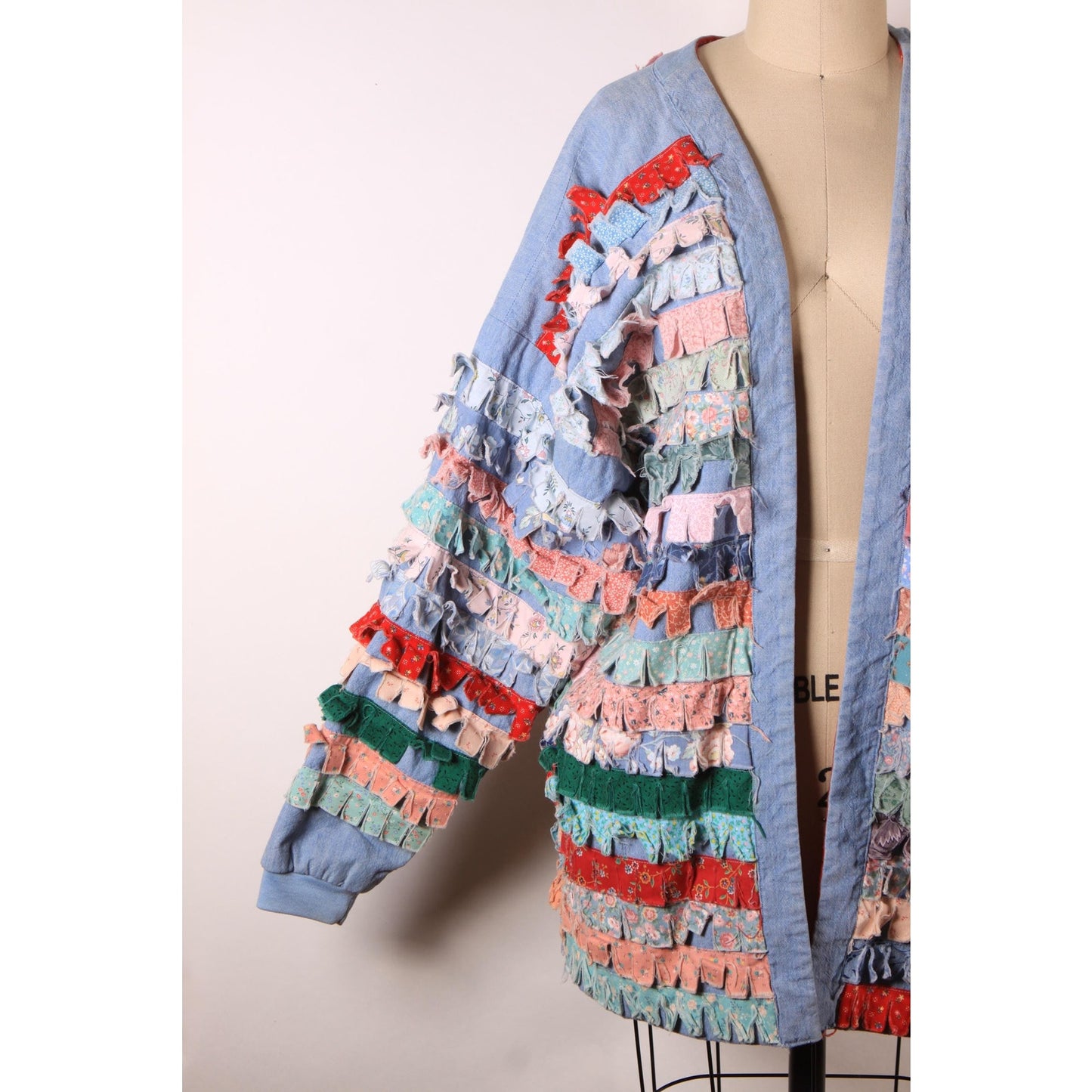 1980s Blue Chambray Multi-Colored Patchwork Quilt Fringe Long Sleeve Open Front Jacket -M-XL