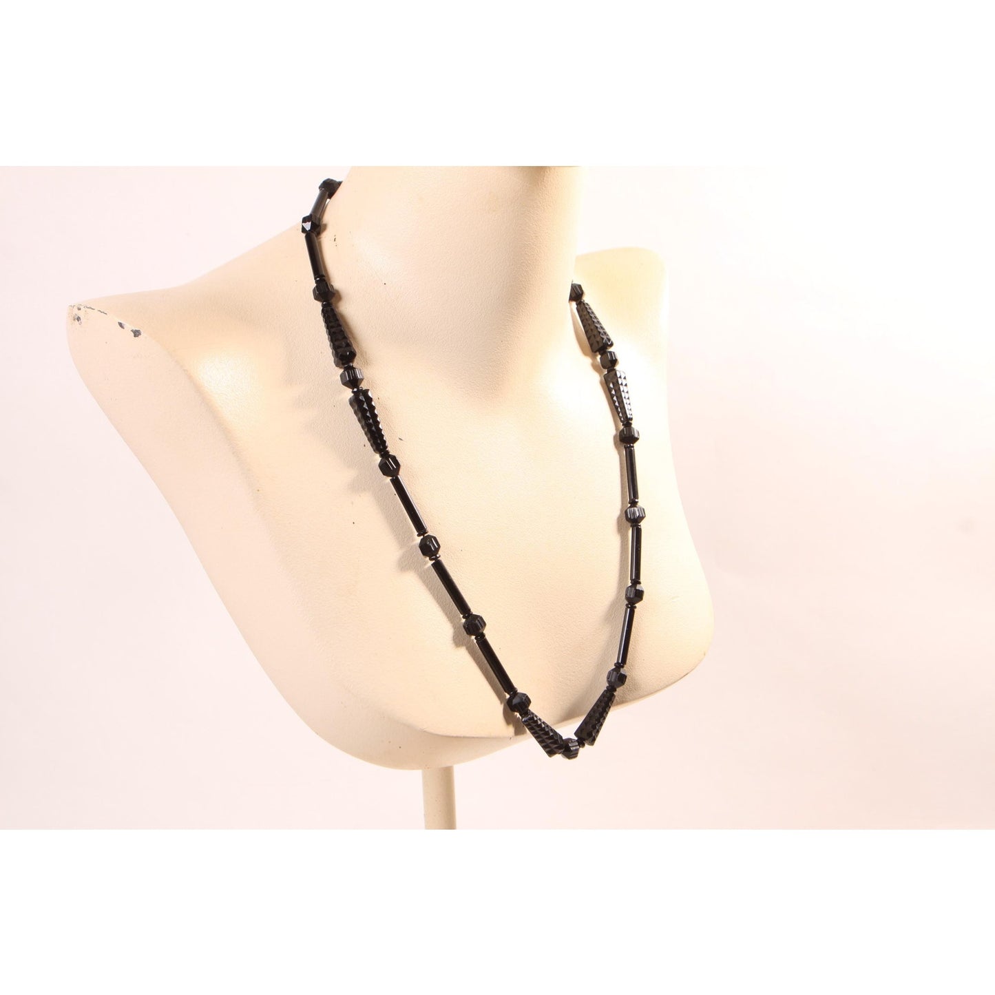 1920s 1930s Black Glass Carved Art Deco Faceted Beaded Necklaces