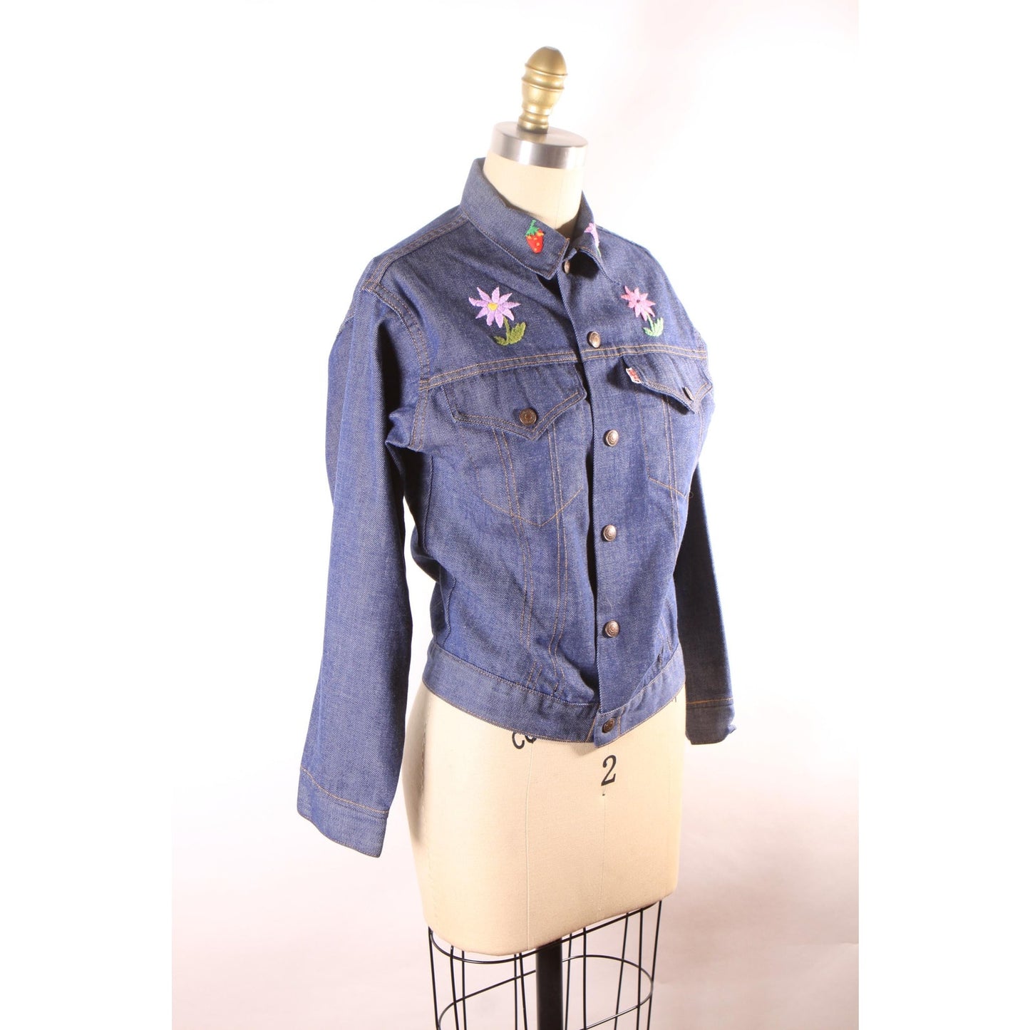 1970s Blue Denim Novelty Embroidered Floral Flowers Sunflowers and Strawberry Cropped Denim Jacket by Levi's -M