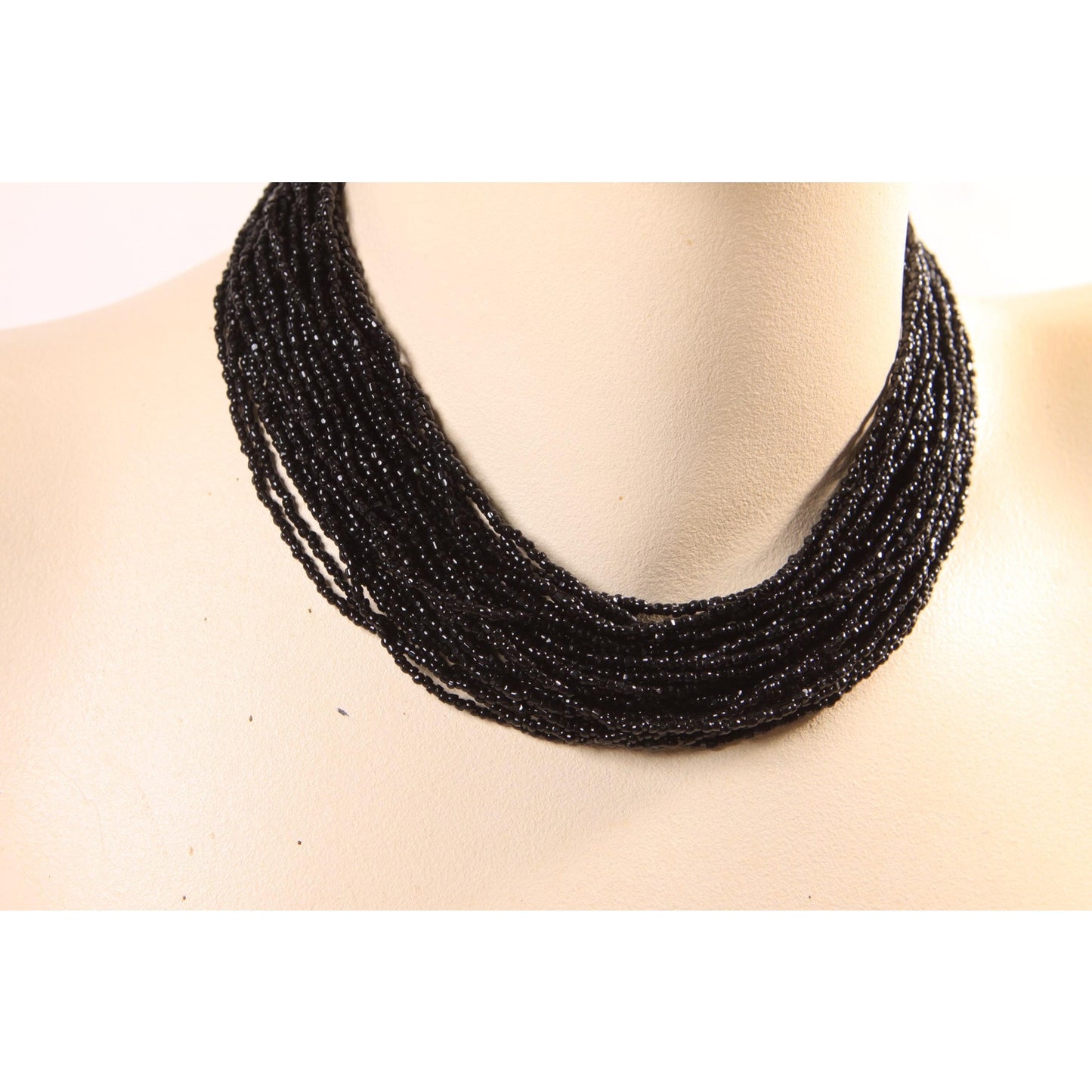 1950s 1960s Black Multi-Strand Beaded Draped Necklace by Laguna