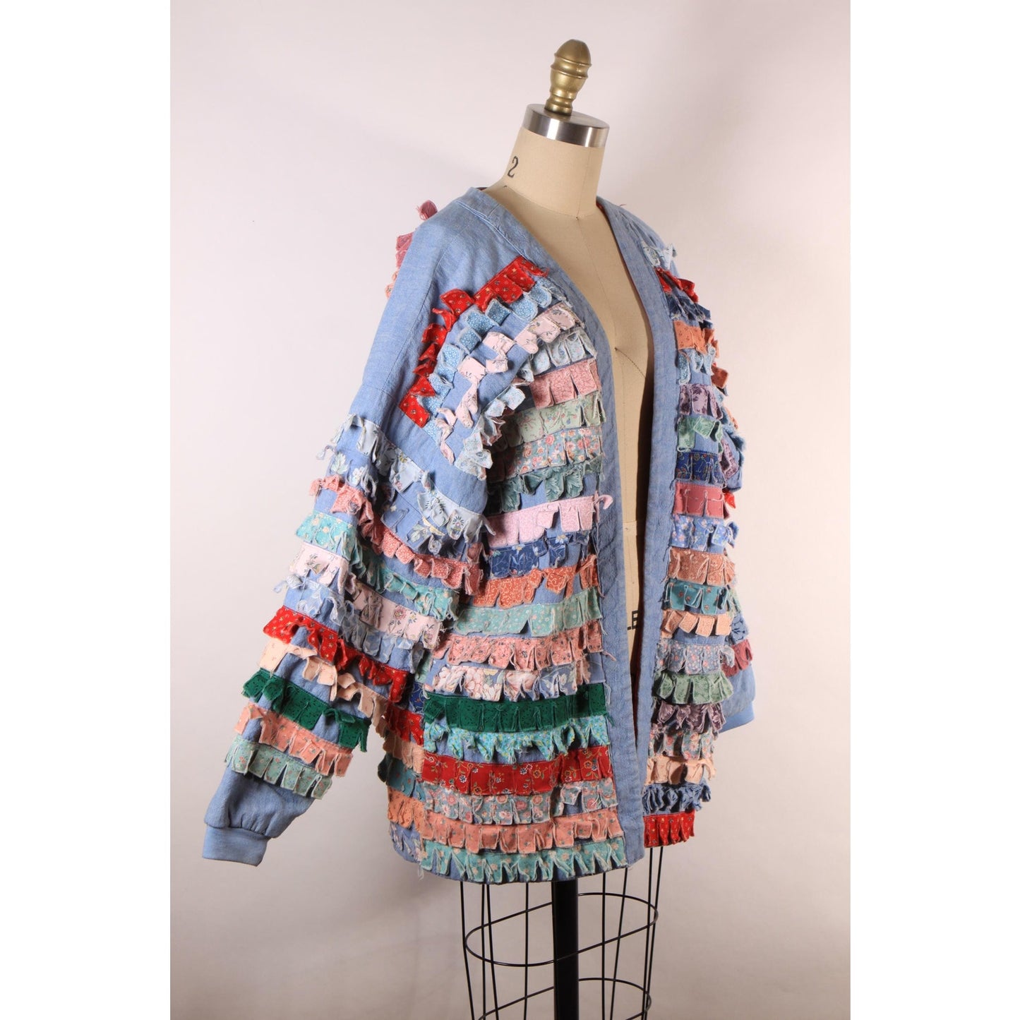 1980s Blue Chambray Multi-Colored Patchwork Quilt Fringe Long Sleeve Open Front Jacket -M-XL