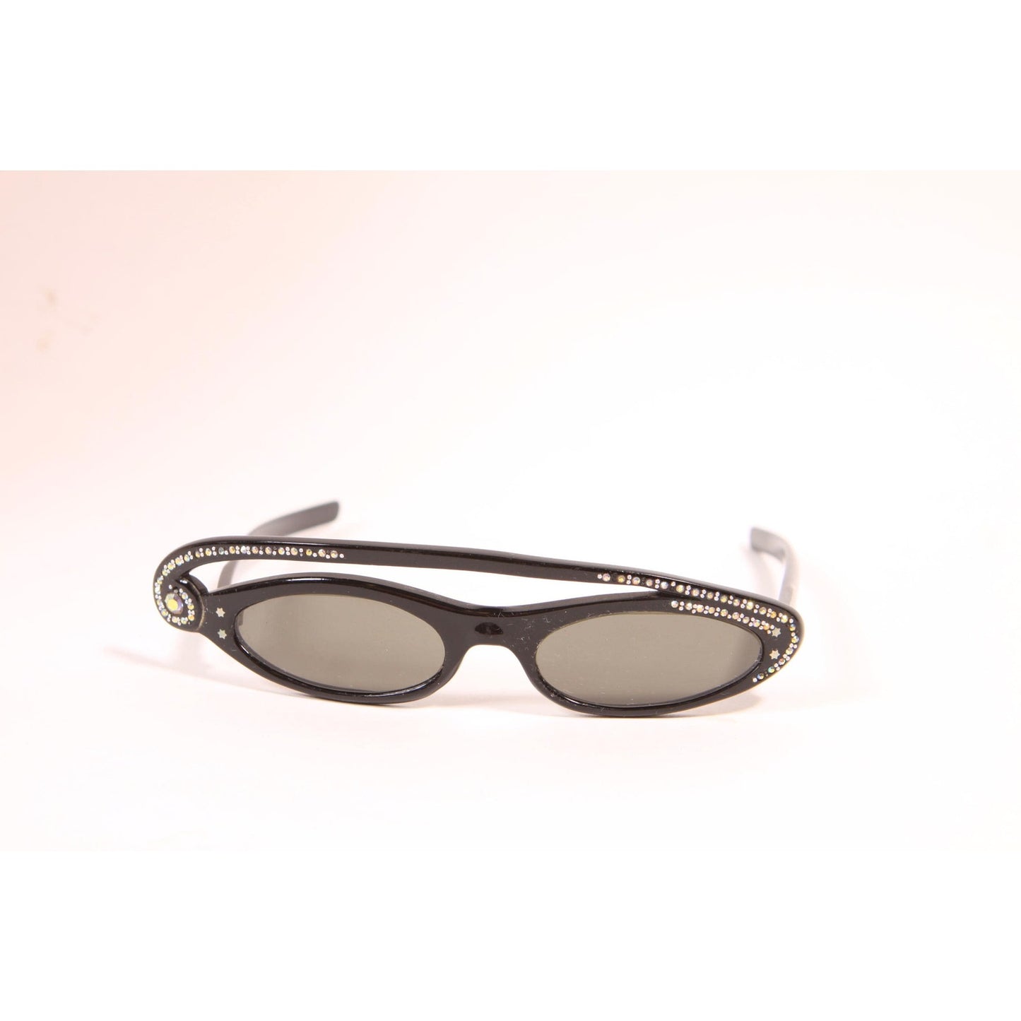 1950s Black and Silver Rhinestone Novelty Swirl Star France Cat Eye Sunglasses