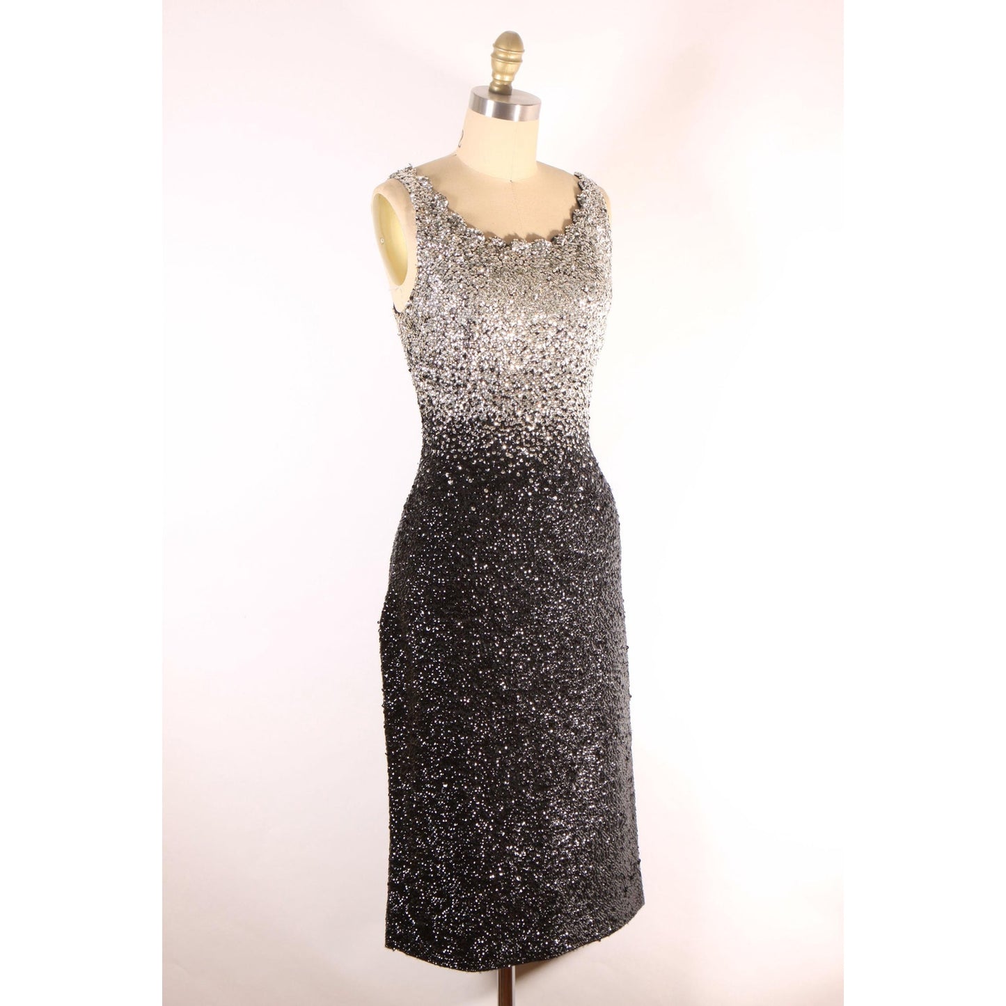 1950s Black and Silver Ombre Fade Metallic Sequin Bombshell Wiggle Dress with Matching Cropped Bolero Jacket by Gene Shelly -M