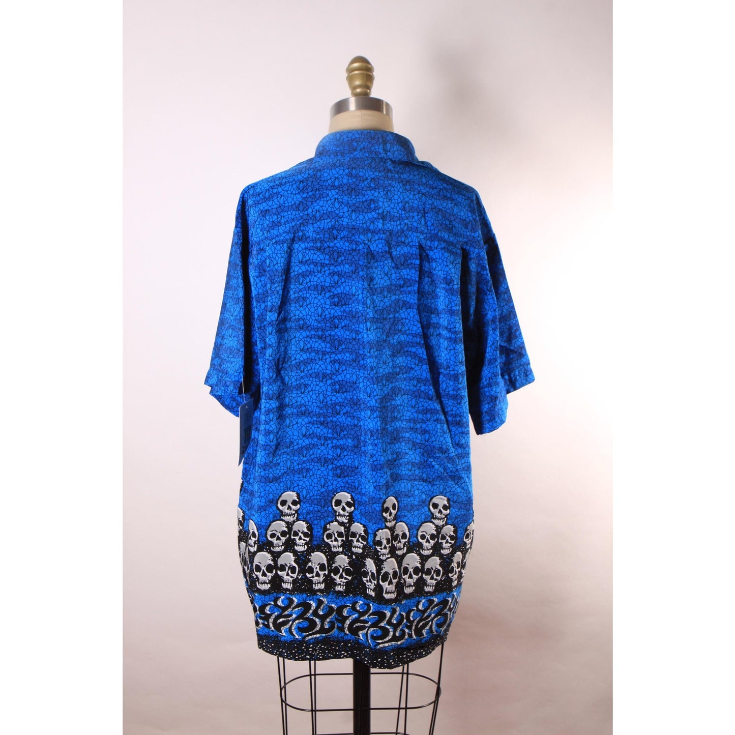 1990s Y2K Novelty Blue, Black and White Skull Border Print Button Down Mens Shirt by Extreme Gear -S