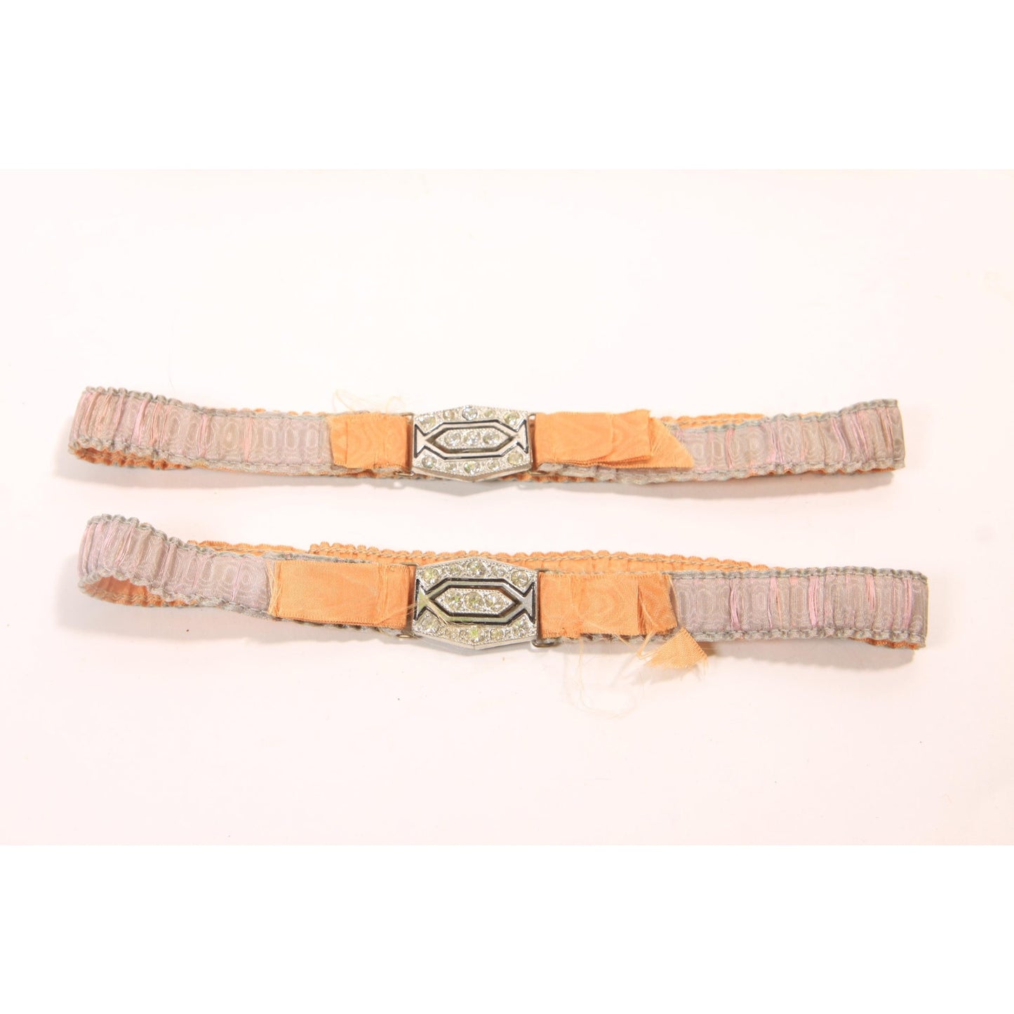 Deadstock Antique 1920s Cream, Blue and Pink Ruffle Set of 2 Garters with Pink and Blue Marcasite Garter Belt Straps and Lingerie Clasps