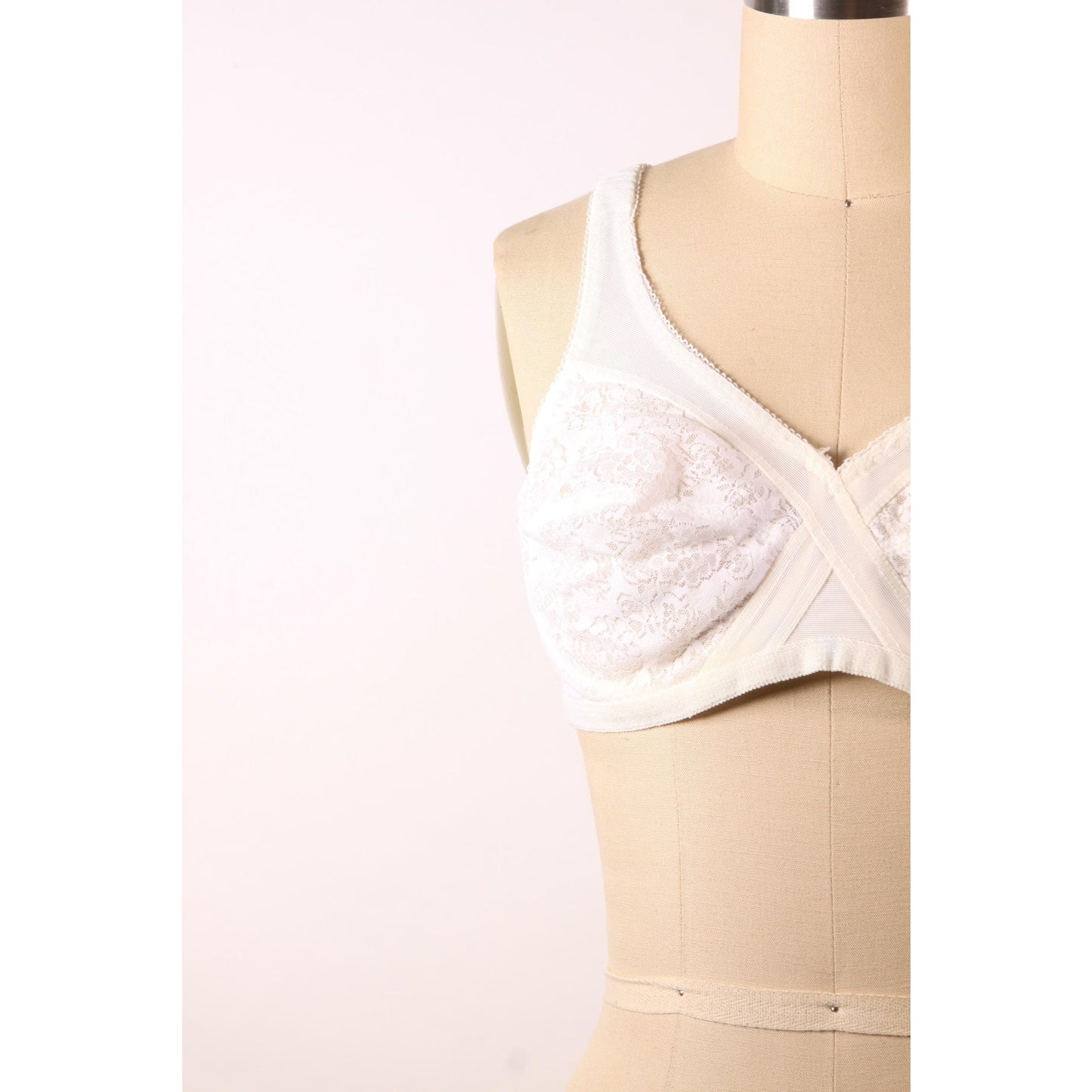 1970s White Criss Cross Sheer Floral Lace Bra by Montgomery Ward-38B