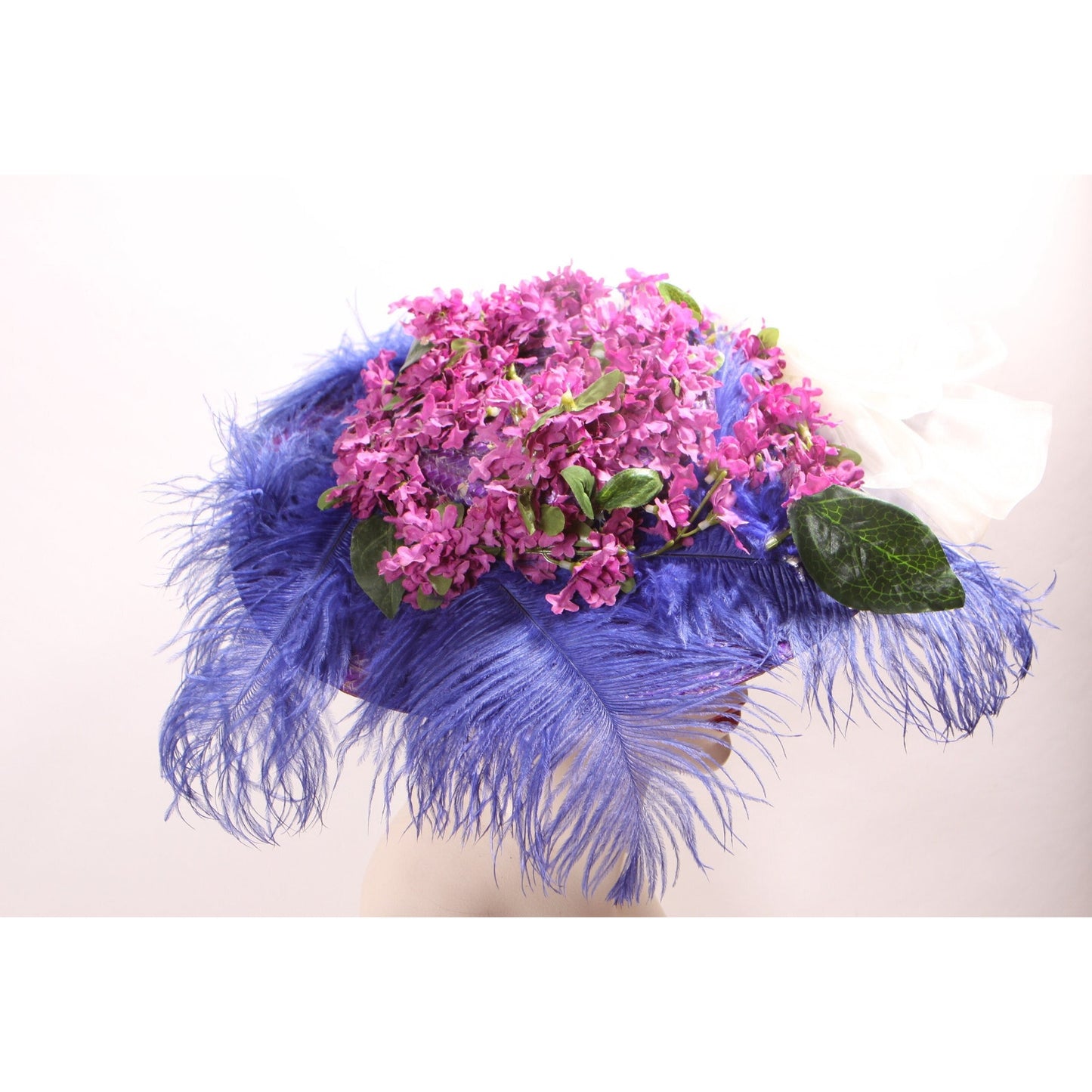 1980s Does Edwardian Victorian Style Wide Brim Purple Straw Hat with Blue Feather and Faux Flowers Floral Hat