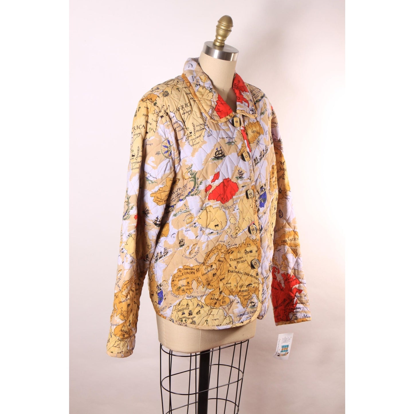 1980s 1990s Multi-Colored Novelty World Map Long Sleeve Quilted Jacket by Alex Kim by Allure -M