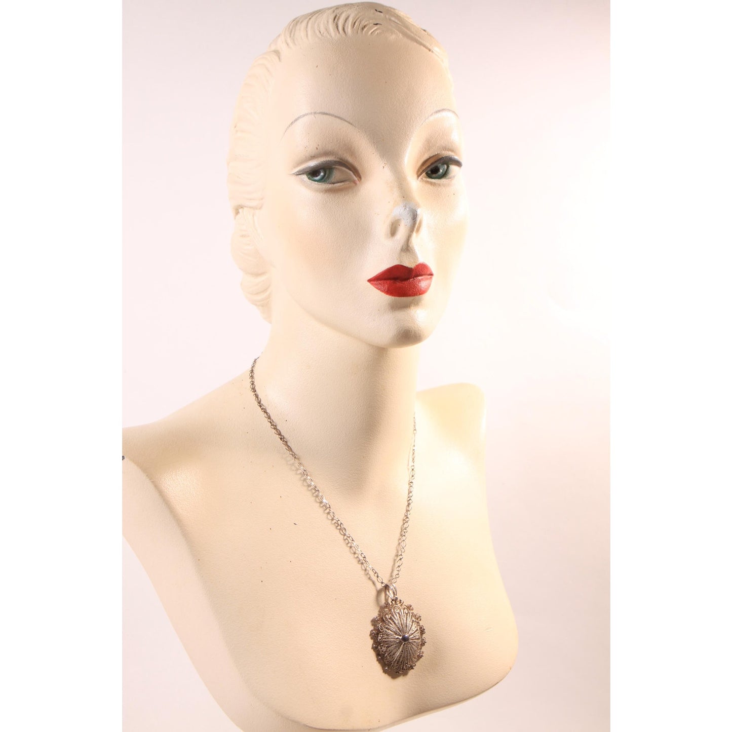 1950s Silver Tone Metal Filigree Indonesian Pendant Necklace