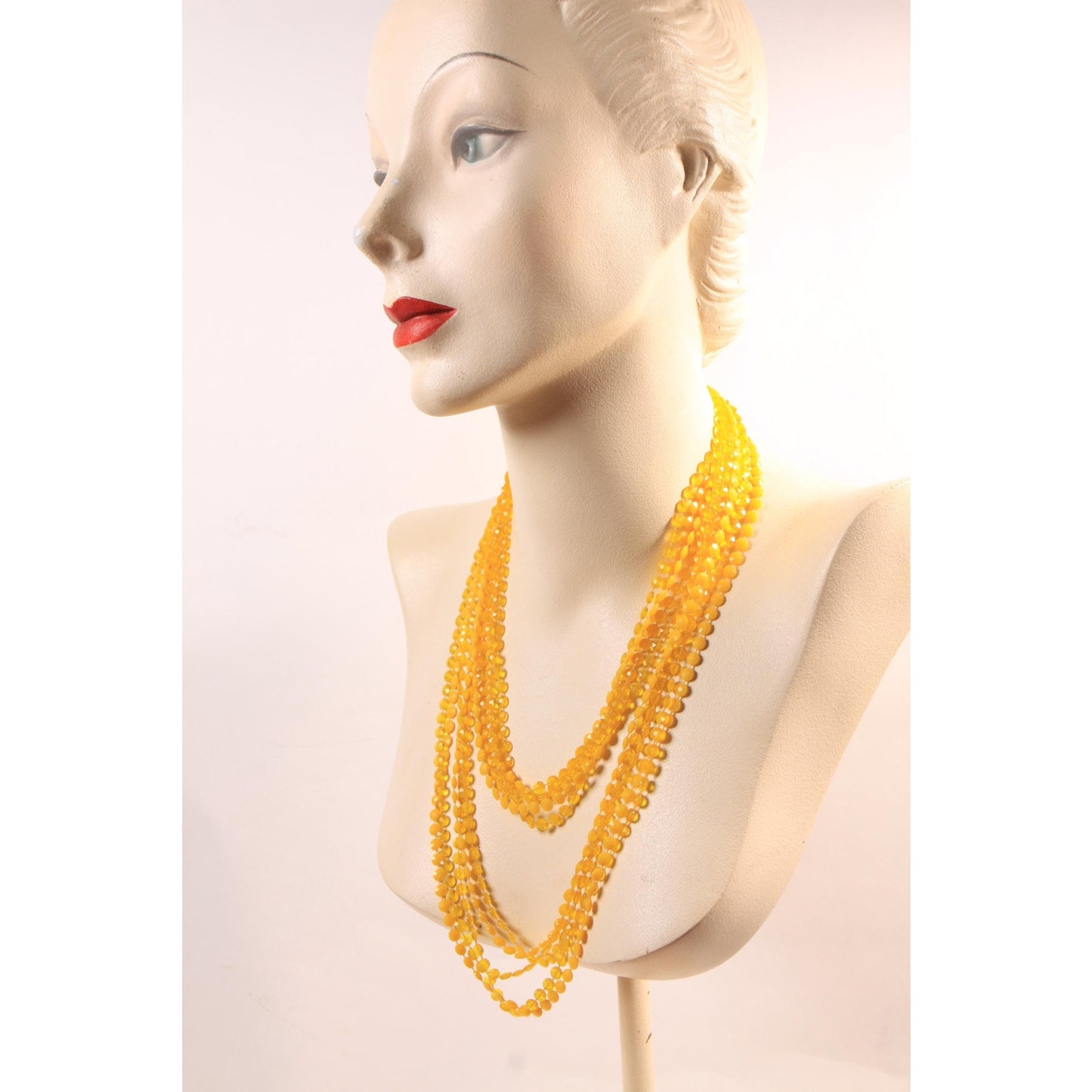 1960s Yellow Floral Flower Shaped Four Strand Plastic Beaded Necklace