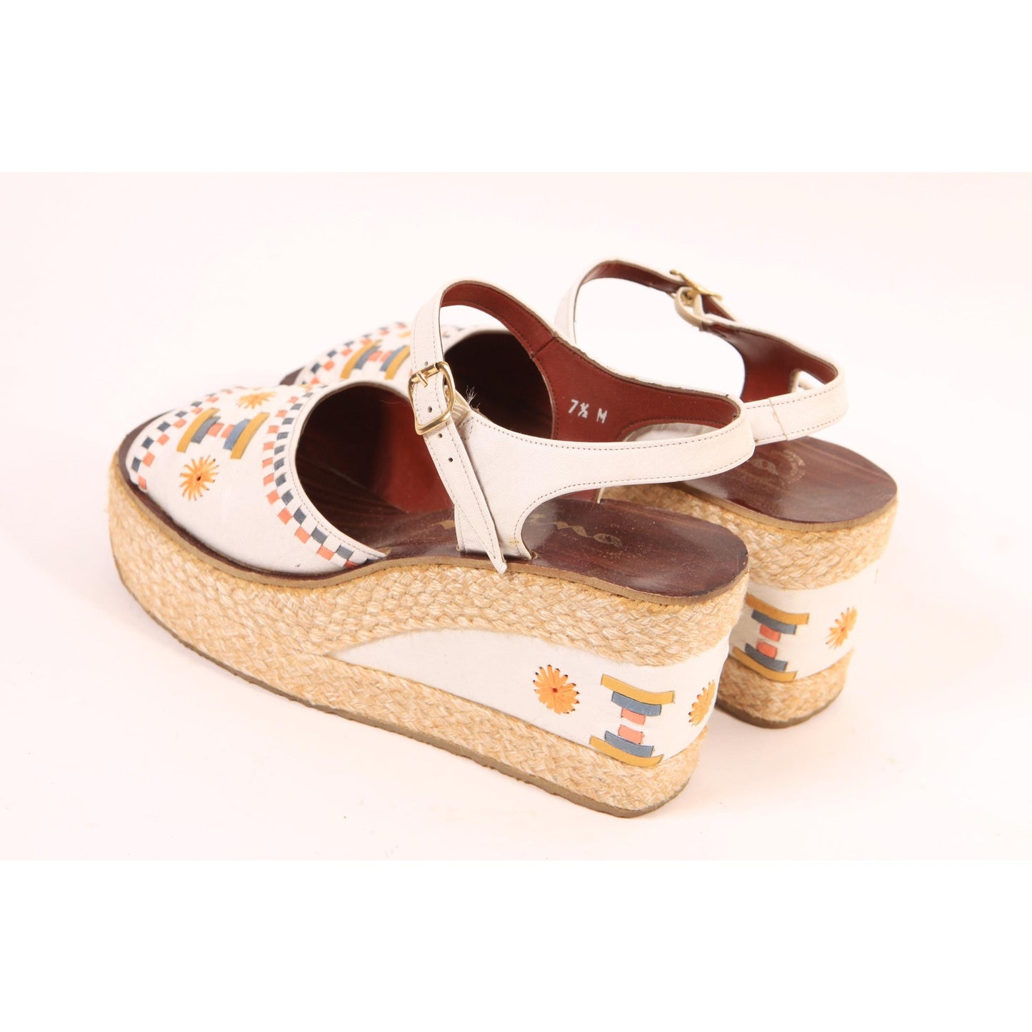 1970s White, Blue, Tan and Yellow Boho Platform High Heel Sandals Shoes by Nina-Size 7 1/2M