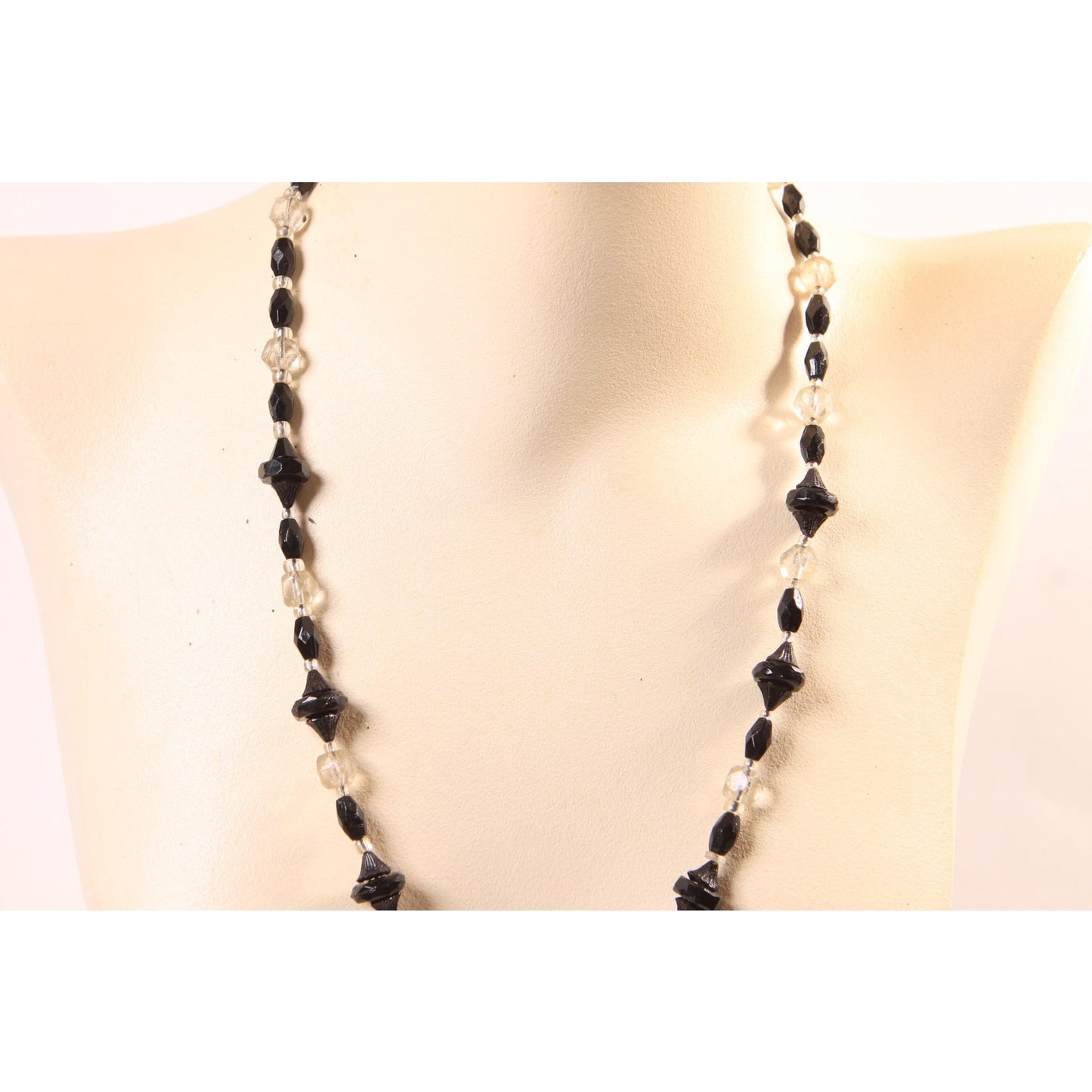1940s 1950s Black and Clear Glass Faceted Beaded Necklace