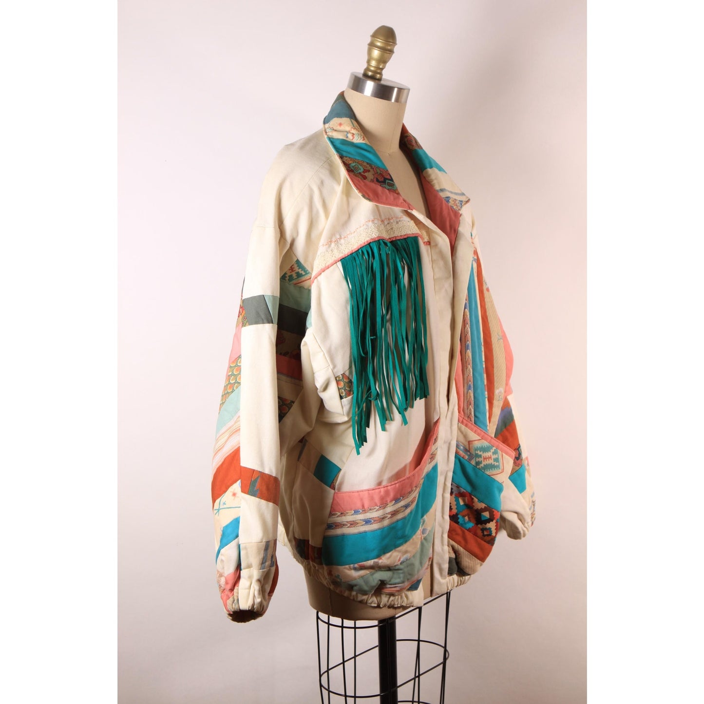 1980s Multi-Colored Cream, Teal Blue Green, Pink and Tan Patchwork Quilt Fringe Open Front Southwestern Coat -L-XL