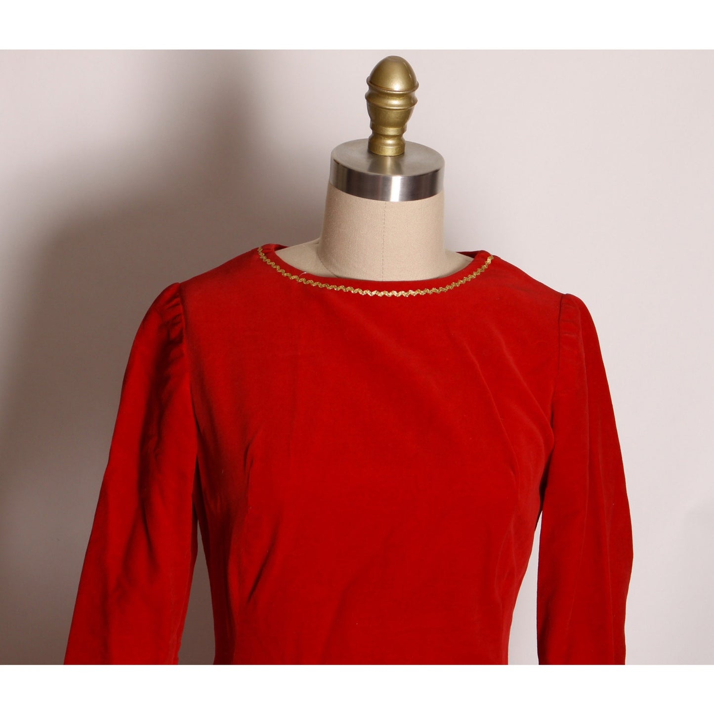 1960s Red Velvet 3/4 Length Sleeve Gold Trim Flared Christmas Dress -XS