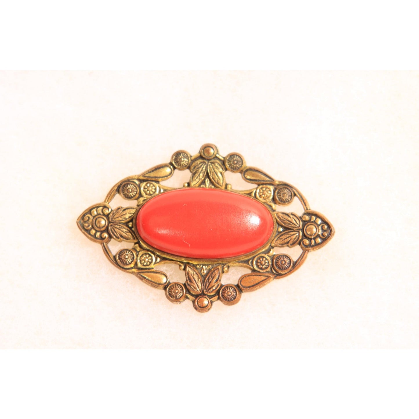 Antique 1900s 1910s Edwardian Gold Brass Tone Metal and Orange Red Brooch