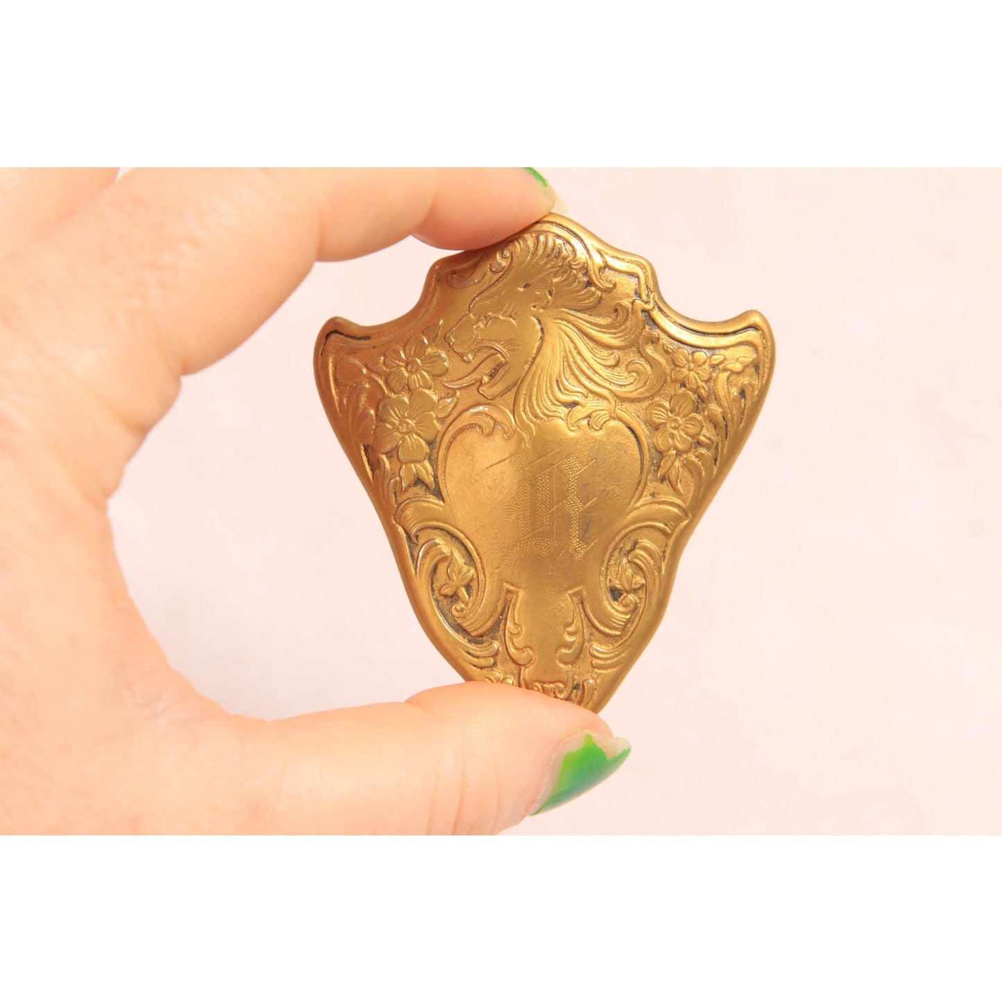 Antique 1800s Victorian Gold Tone Metal Lion Shield Initial Brooch