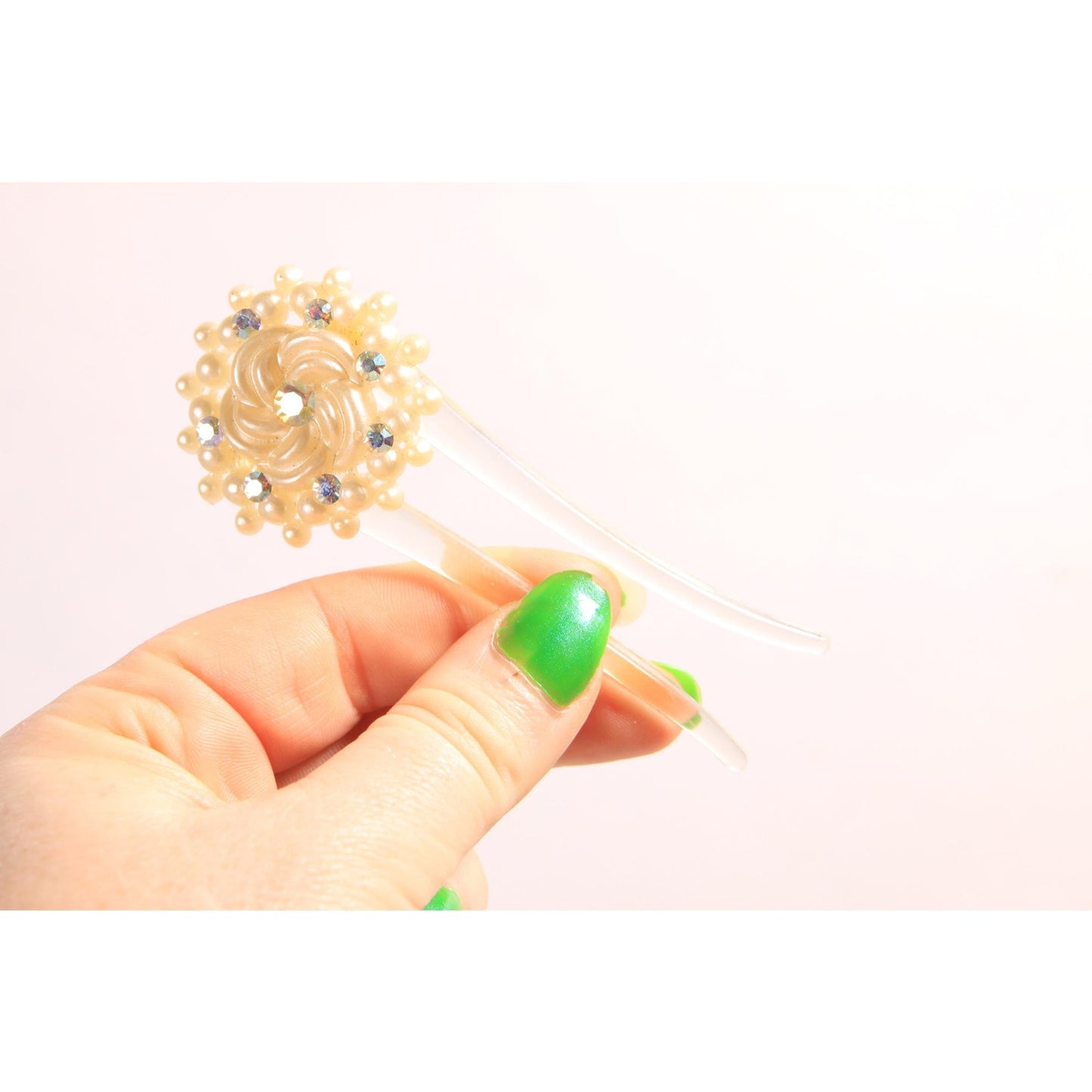 1940s 1950s Cream Rhinestone Floral Circle Hair Comb Fork