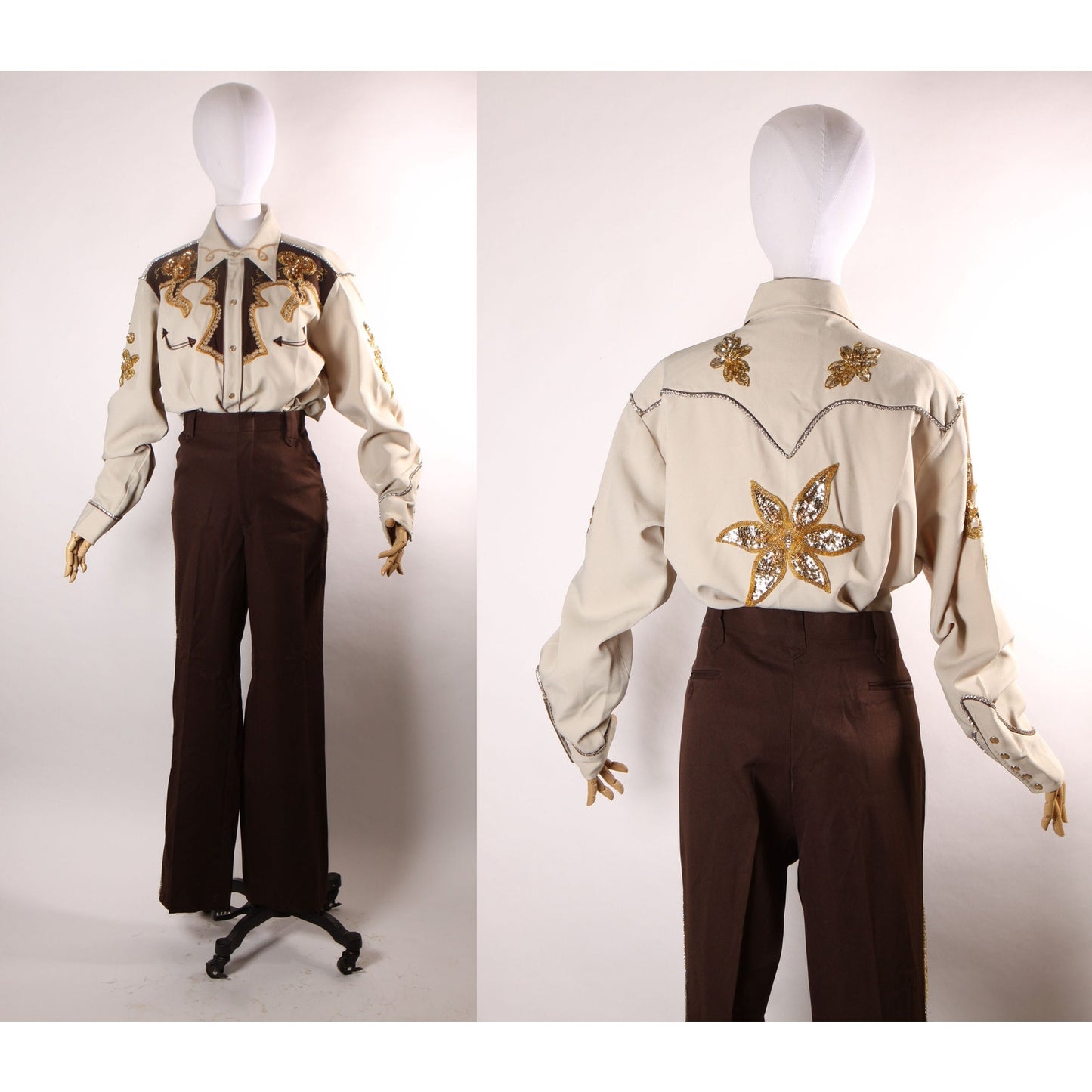 Late 1960s Early 1970s Brown and Tan Gold Metallic Rhinestone and Sequin Roses Western Pearl Snap Top with Matching Pants by H Bar C