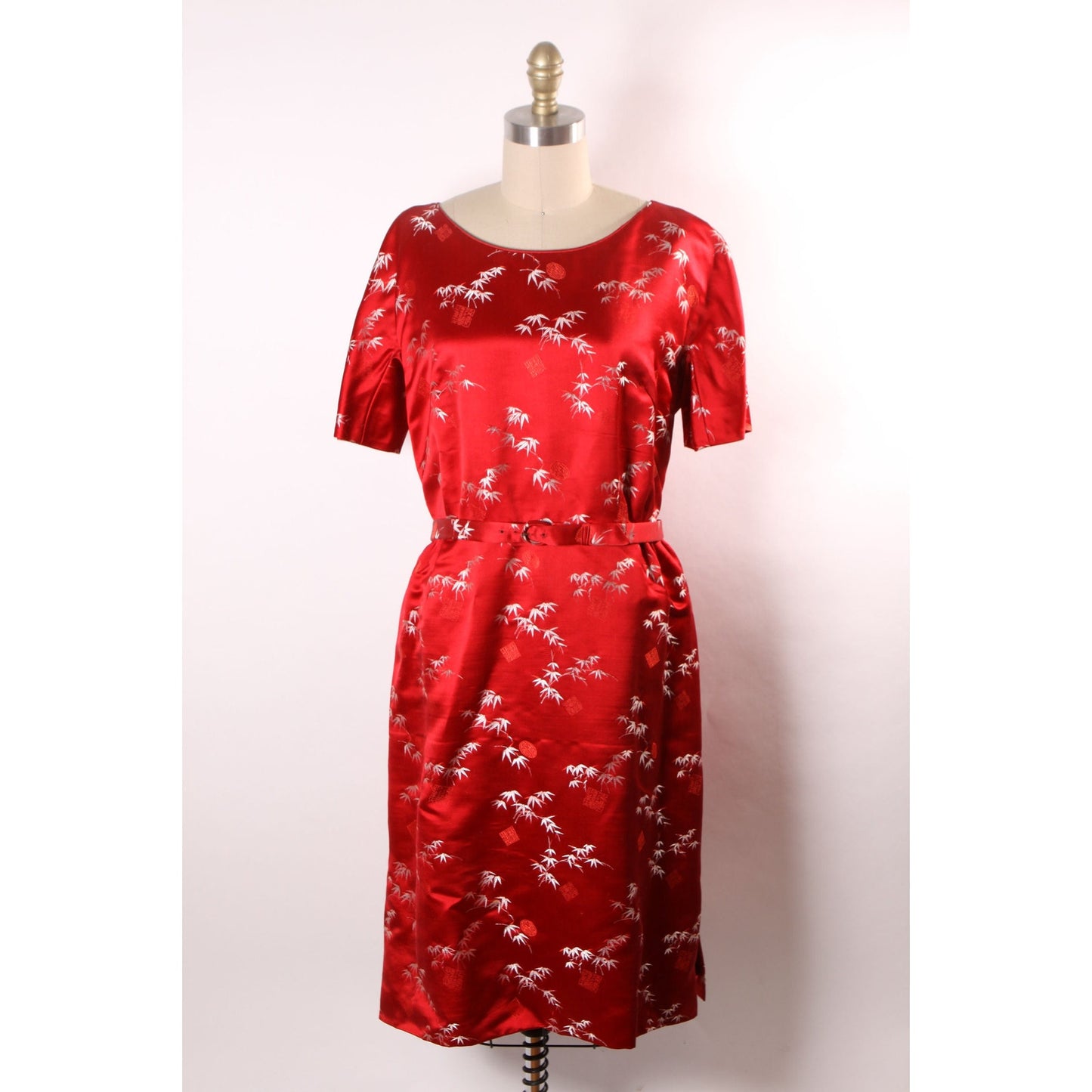 1960s Red Brocade Chinese Short Sleeve Belted Dress with Matching Purse and High Heels by Blue Sky Shoes -XL