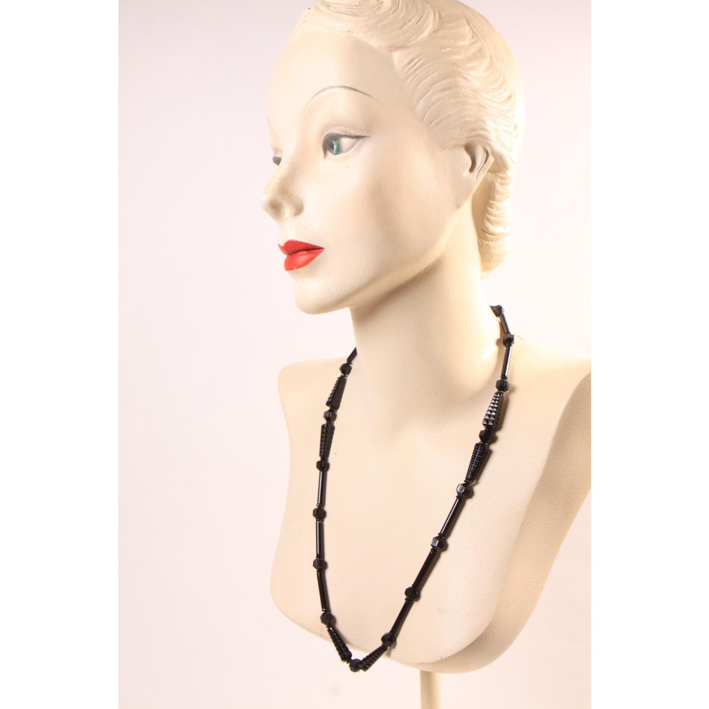 1920s 1930s Black Glass Carved Art Deco Faceted Beaded Necklaces