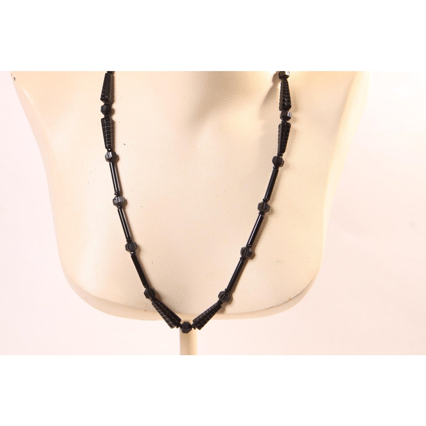 1920s 1930s Black Glass Carved Art Deco Faceted Beaded Necklaces