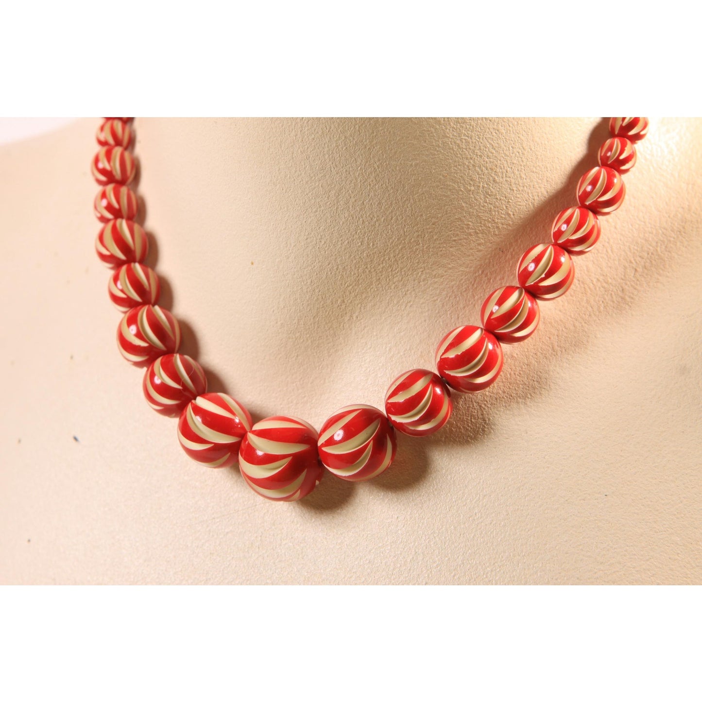 1920s Red and Cream Off White Carved French Galalith Beaded Necklace