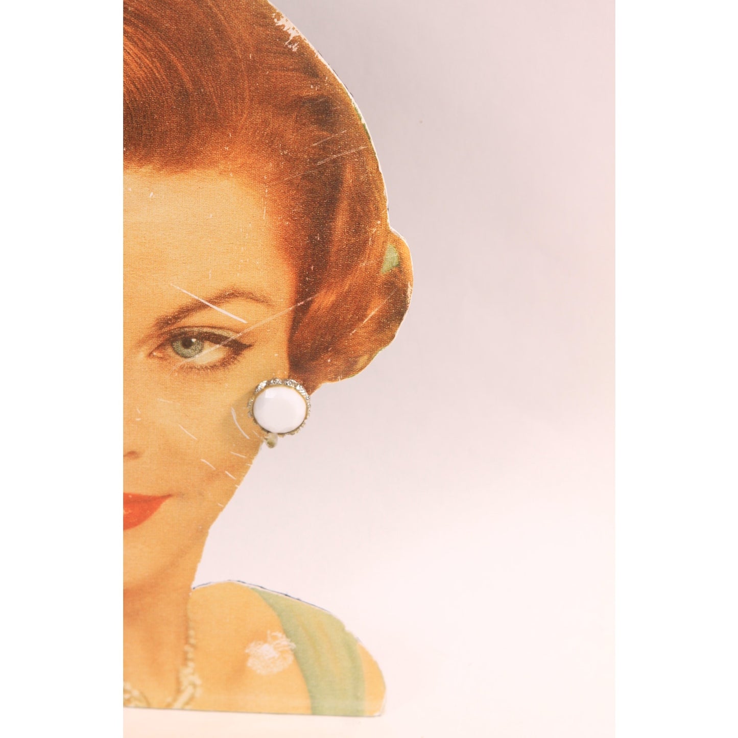 1960s Gold Tone Metal and White Plastic Circle Clip On Earrings