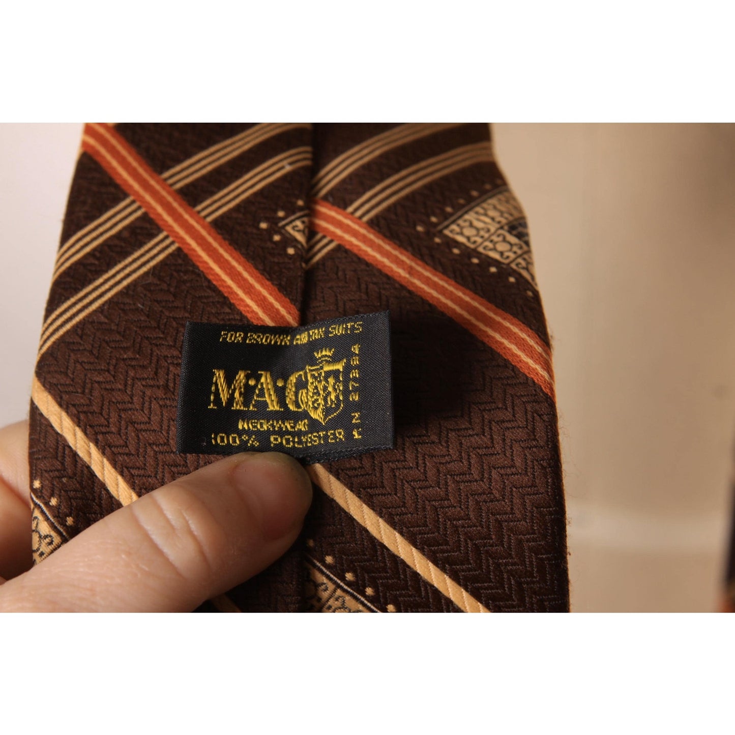 1970s Brown, Tan and Orange Geometric Abstract Funky Wide Necktie Tie by MAG Neckwear