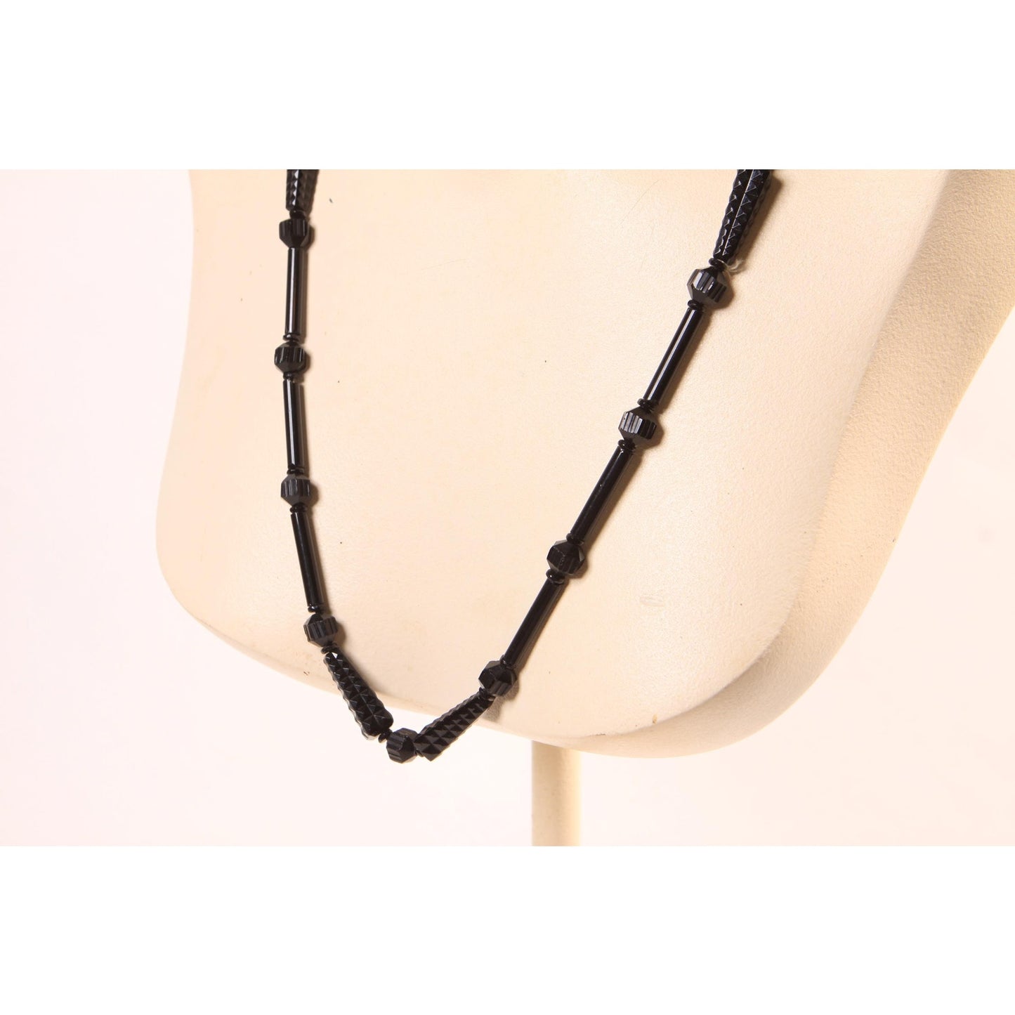 1920s 1930s Black Glass Carved Art Deco Faceted Beaded Necklaces