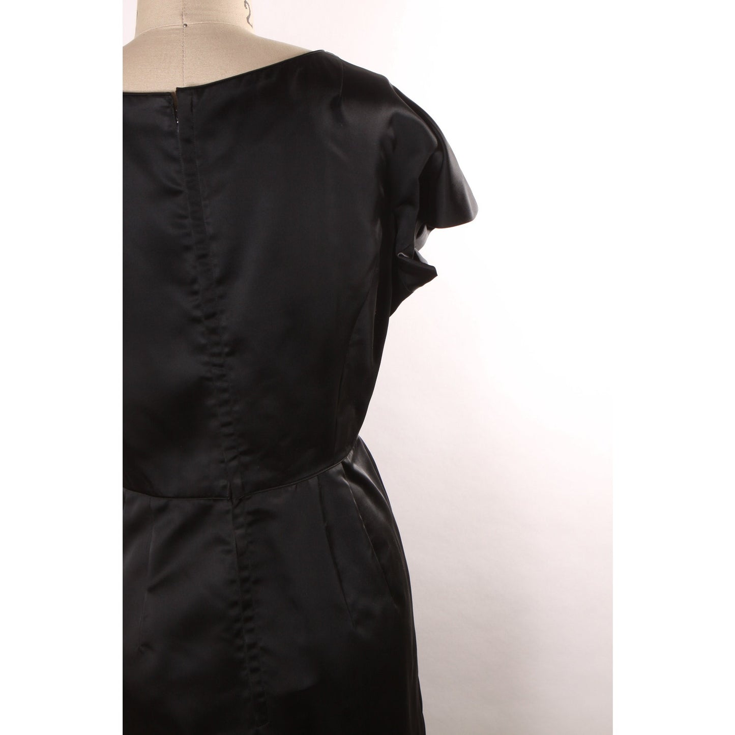 1960s Black Satin Short Sleeve Full Length Dress -XL